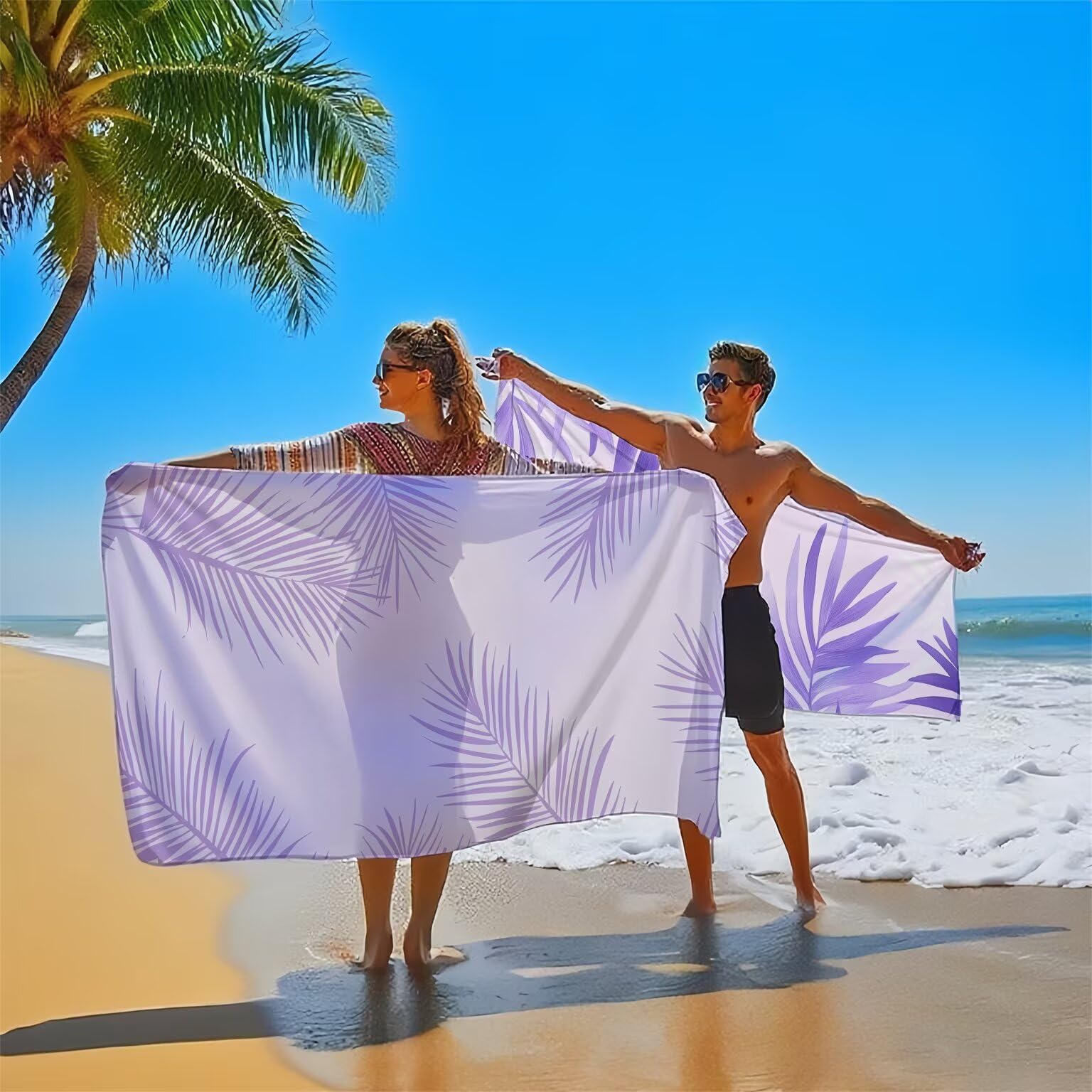 Ręcznik plażowy 90 x 200 cm, fioletowy ręcznik z mikrofibry zestaw 2 arkuszy bardzo chłonny wzór, szybkoschnący, odporny na piasek, lekki ręcznik plażowy z zatrzaskami, do sauny, model845