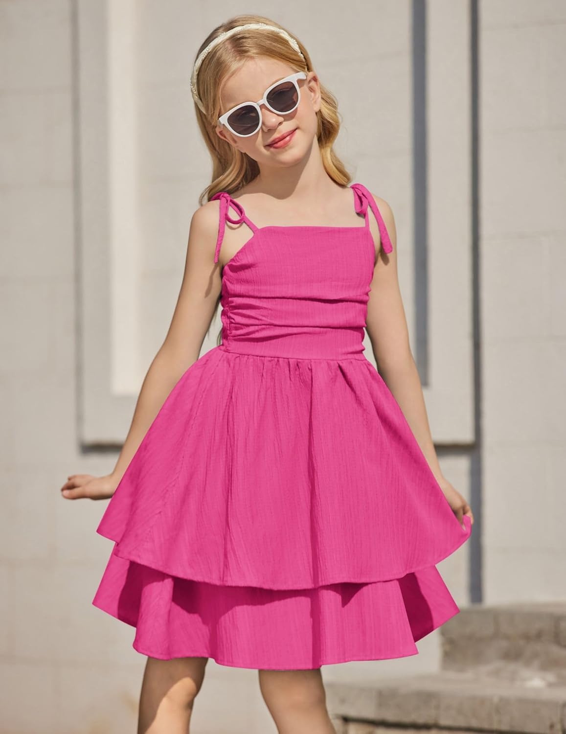 Arshiner Girls Summer Spaghetti Strap Dresses Flowy Tiered Ruched Smocked Back Casual Beach Midi Sundress - Image 4