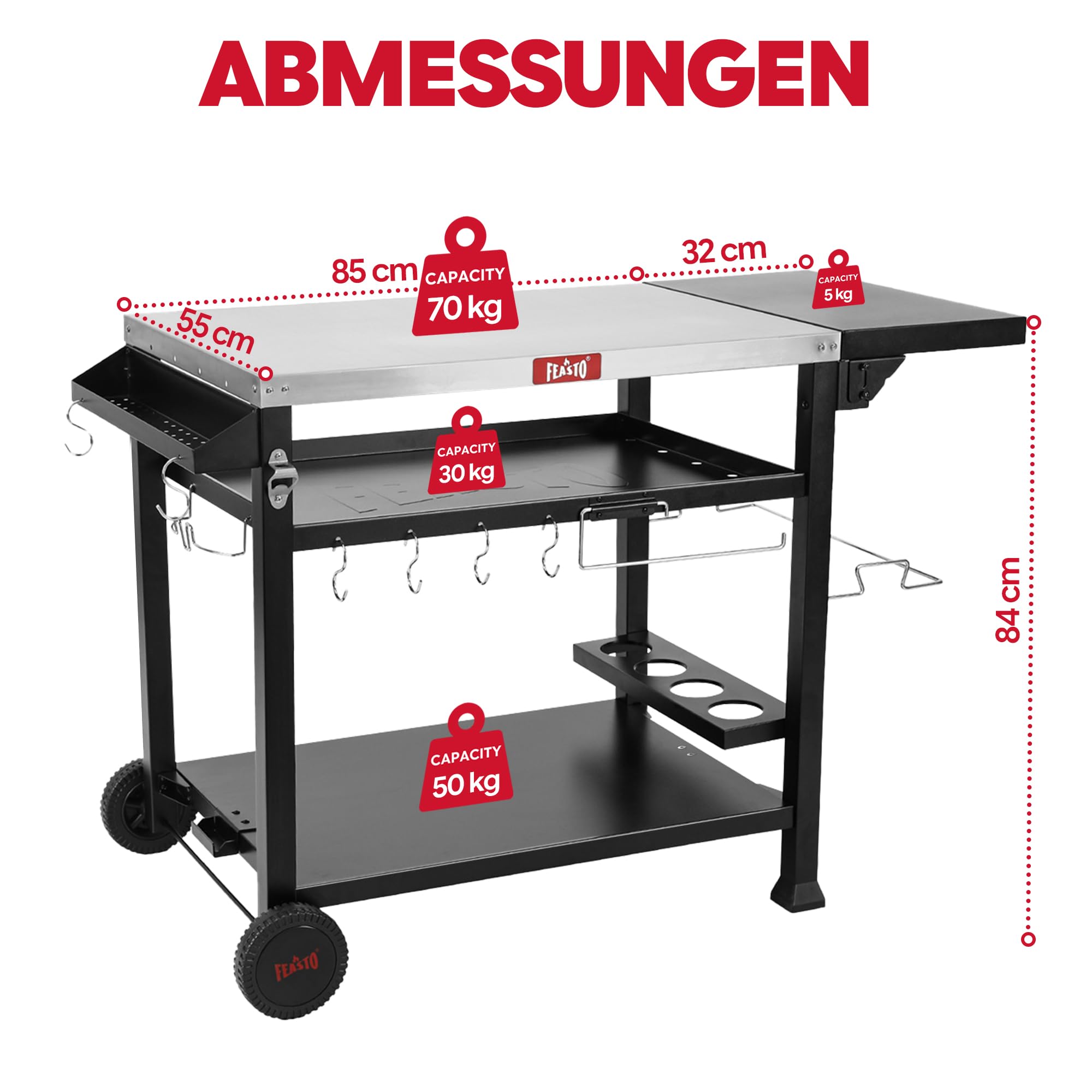 Feasto Grillwagen Outdoor wetterfest Grilltisch Pizzatisch Outdoor-Küche | 125x64x84cm grill beistelltisch outdoor mit klappbarem Beistelltisch, Outdoor Servierwagen für Küche, Terrasse, Buffet