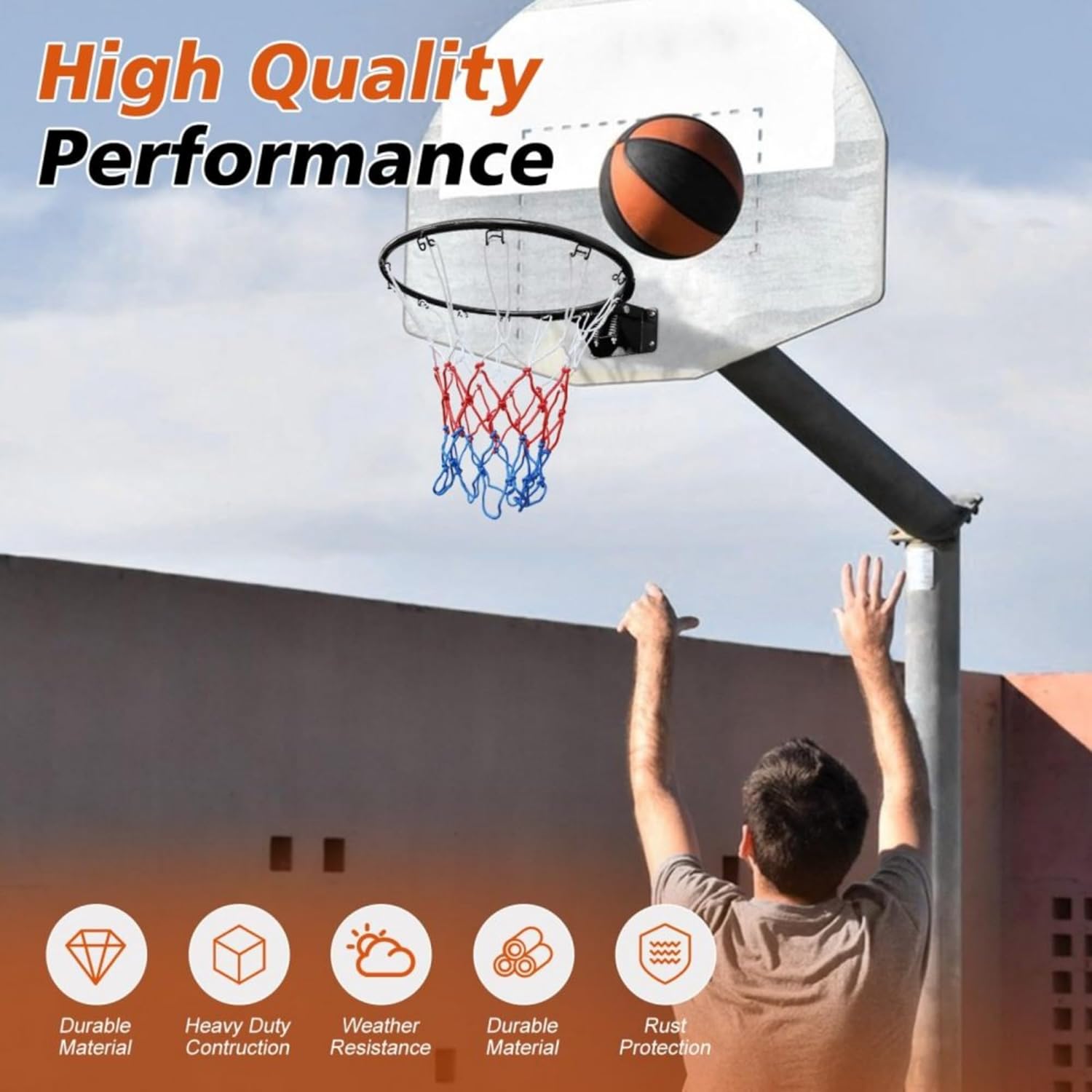 Professional Basketball Rim 18" Double Spring Solid Steel Heavy Duty Hoop with All-Weather Nylon Net for Indoor Outdoor Play, Universal Replacement Fits Standard Backboards, Easy Installation