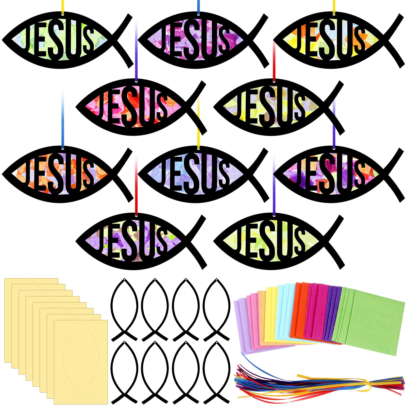 Motipuns 32 Sets Christian Fish Suncatcher Kits for Sunday School VBS Kids