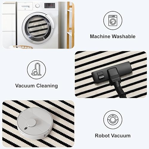 Miniatura 5 de KIMODE - Alfombra de algodón tejida con diseño a rayas en color negro, para puerta de entrada, cocina, decoración de estilo rústico