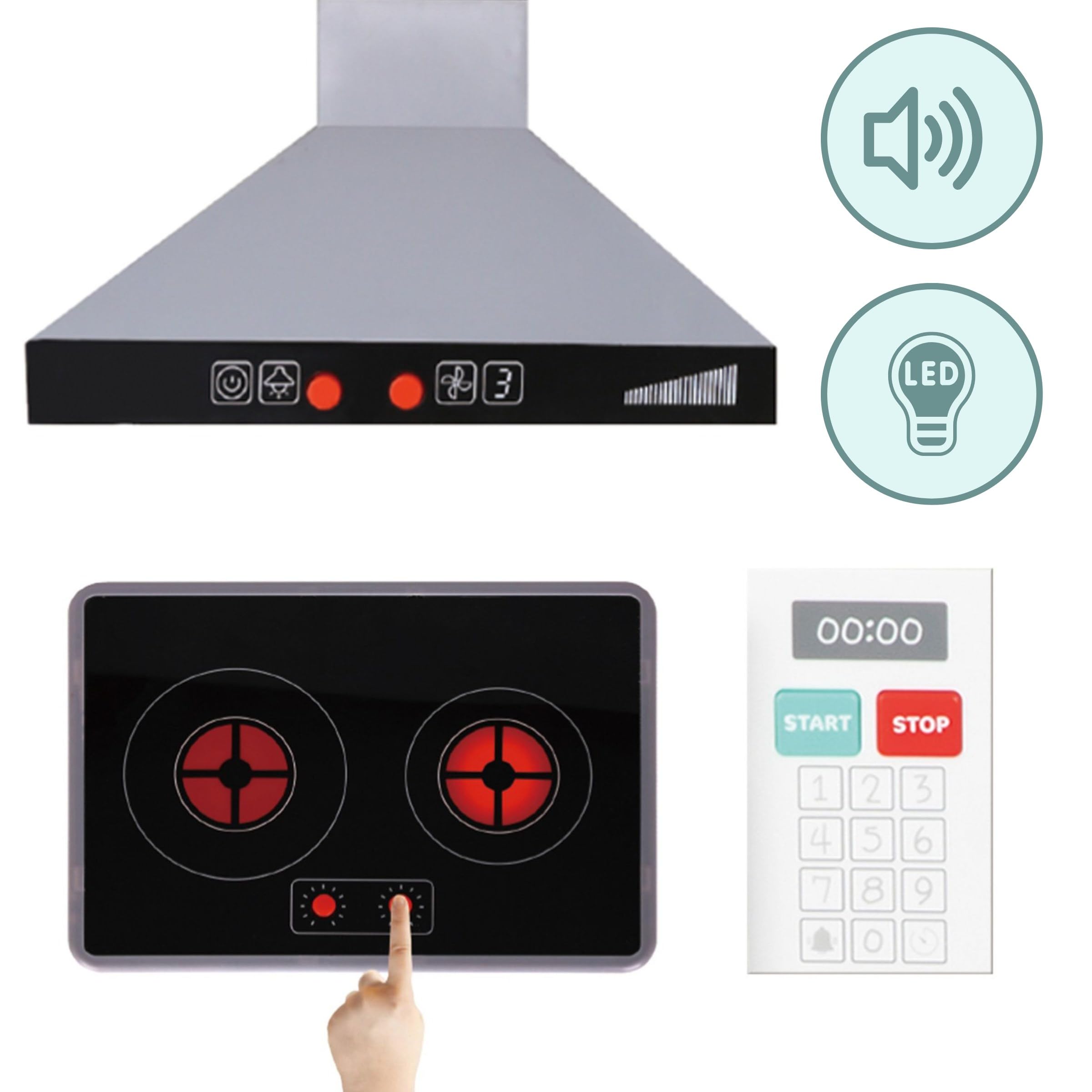 Mamabrum Cucina in legno per bambini 3+, grande, interattiva XXXL fornello interattivo con illuminazione a LED, set da cucina con lavatrice, forno, lavastoviglie, cappa e pentole