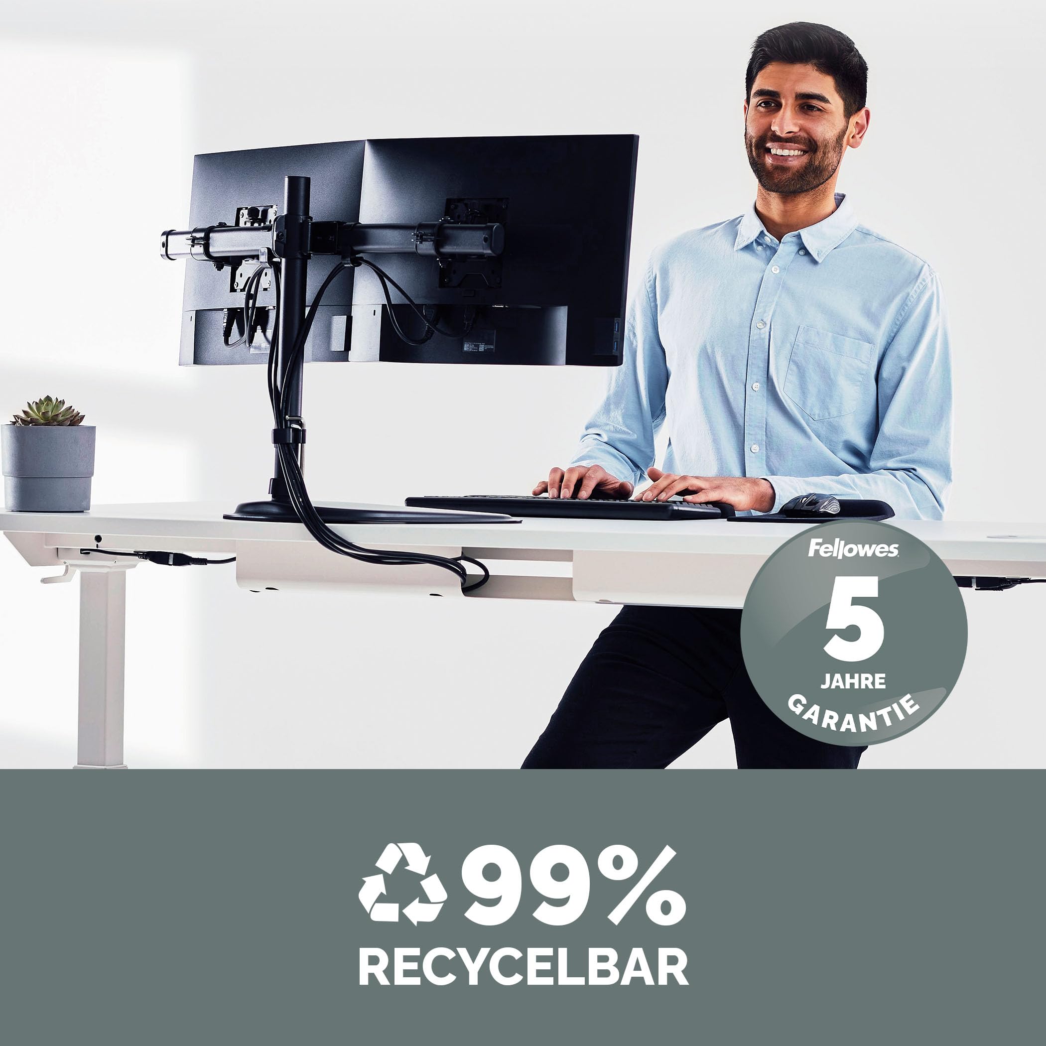 Fellowes Monitorarm Seasa mit Standfuß - höhenverstellbar - ergonomisch - für 2 Monitore bis je 68,5 cm (27 Zoll) - schwarz