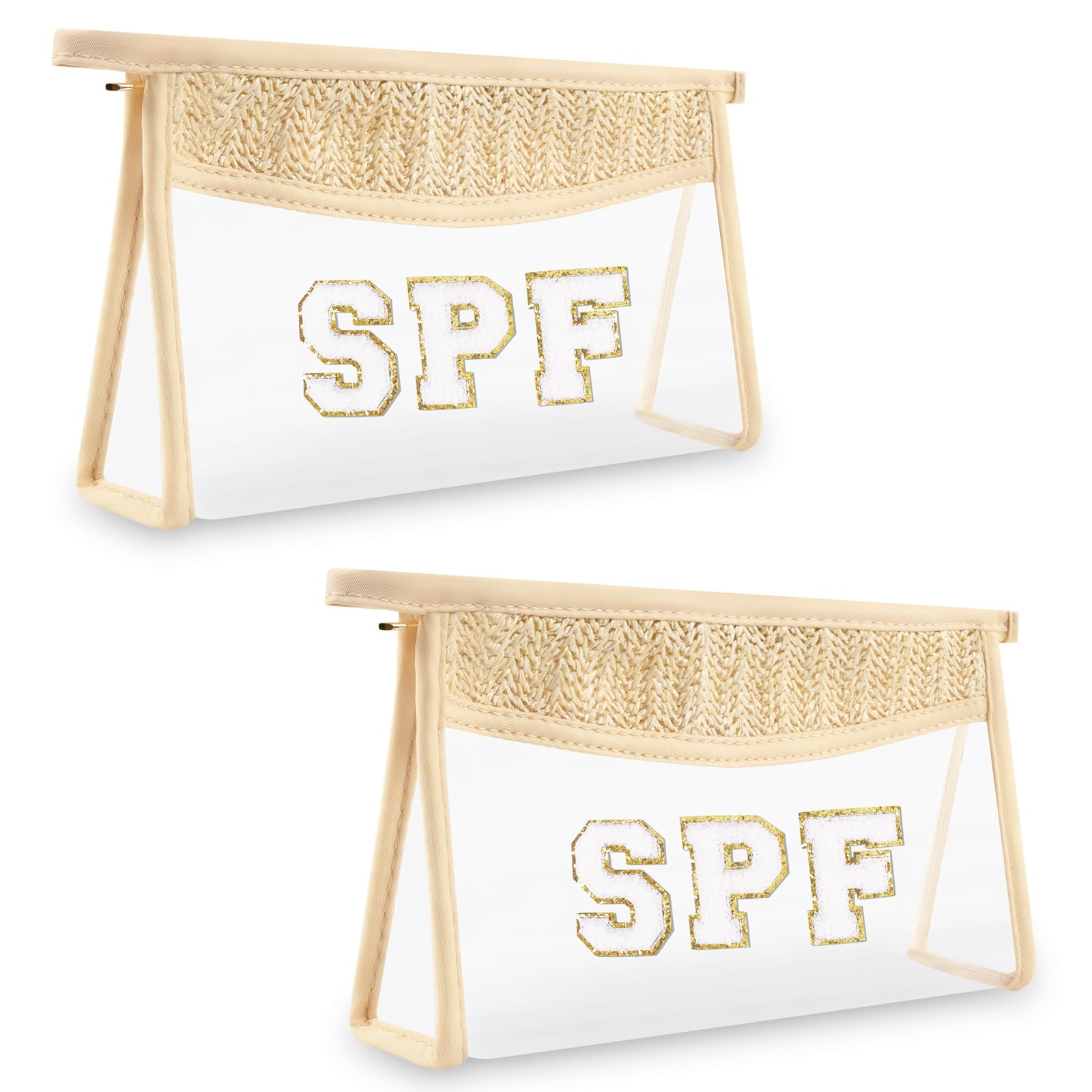 2 Pcs Boho Straw Clear Makeup Letter Pouch, Sunscreen Bags for Travel Beach, Waterproof SPF Best Beach Accessories