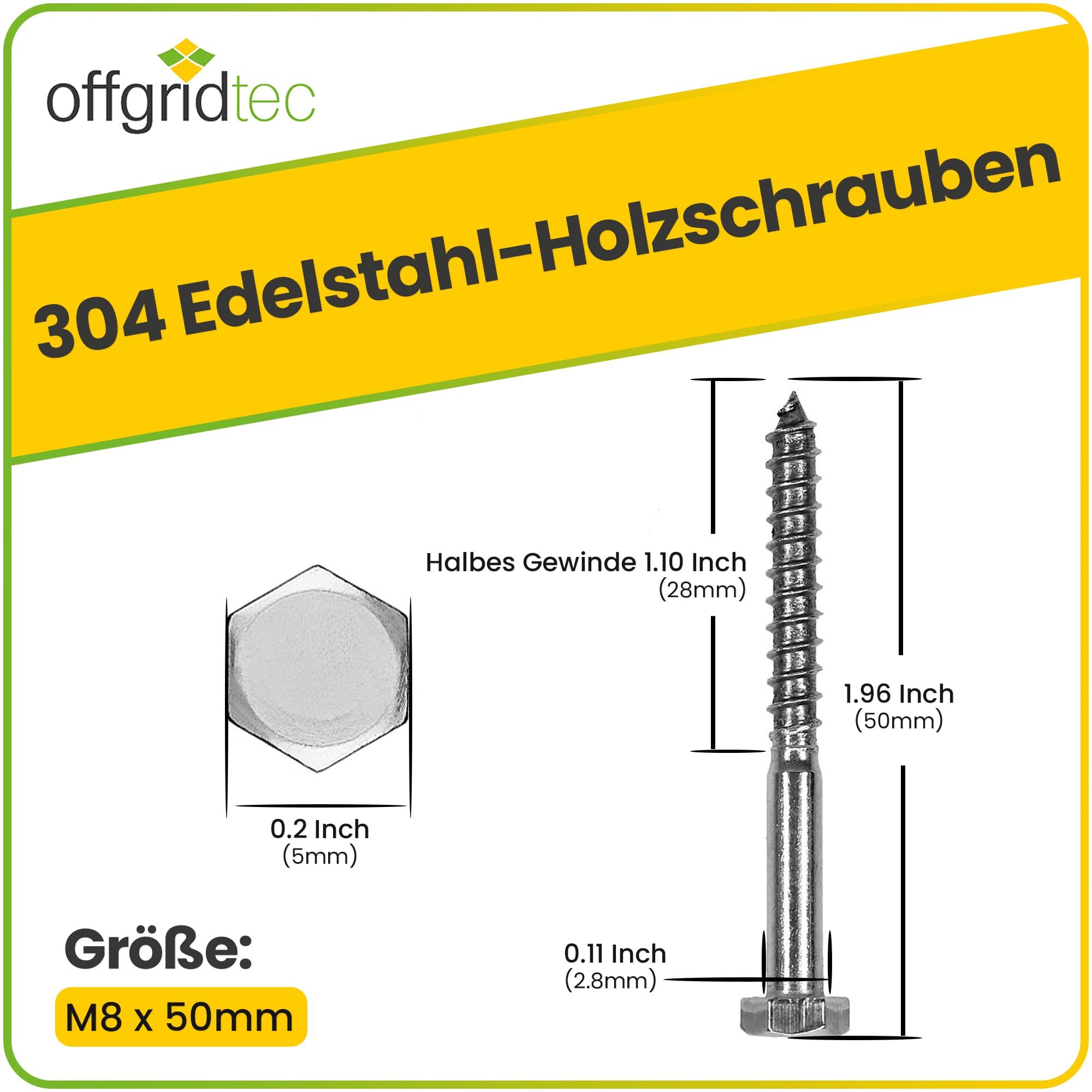 Offgridtec Sześciokątne śruby do drewna ze stali nierdzewnej M8 DIN571 długość 50 mm 100 sztuk