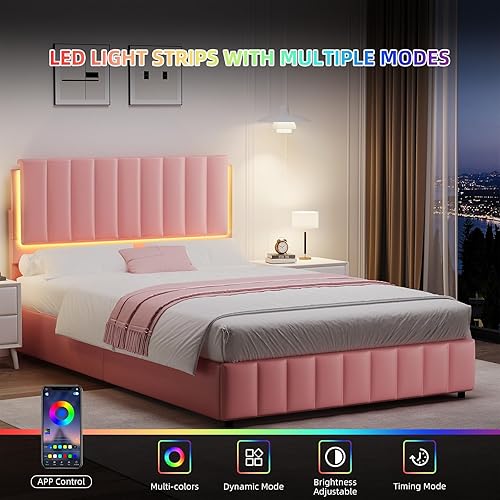 Miniatura 3 de Base de cama de tamaño matrimonial con luces LED, plataforma tapizada de piel sintética con cabecera y soporte de listones de madera, no necesita