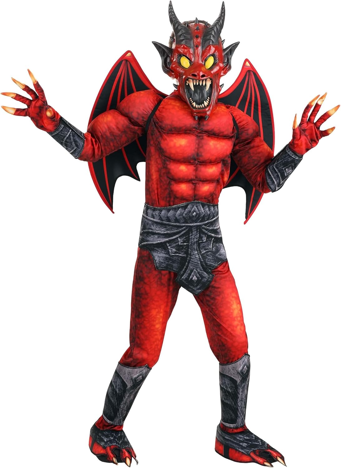 Kids Devil Halloween Costume | Red Malevolent Demon Outfit, Scary Printed Jumpsuit with Wings and Horned Mask