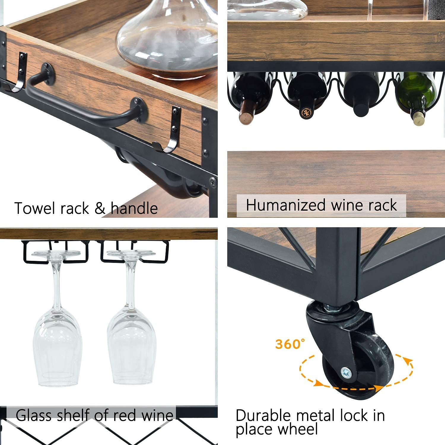 Usinso Industrial Kitchen Serving Carts Rolling Bar Cart with 3 Tier