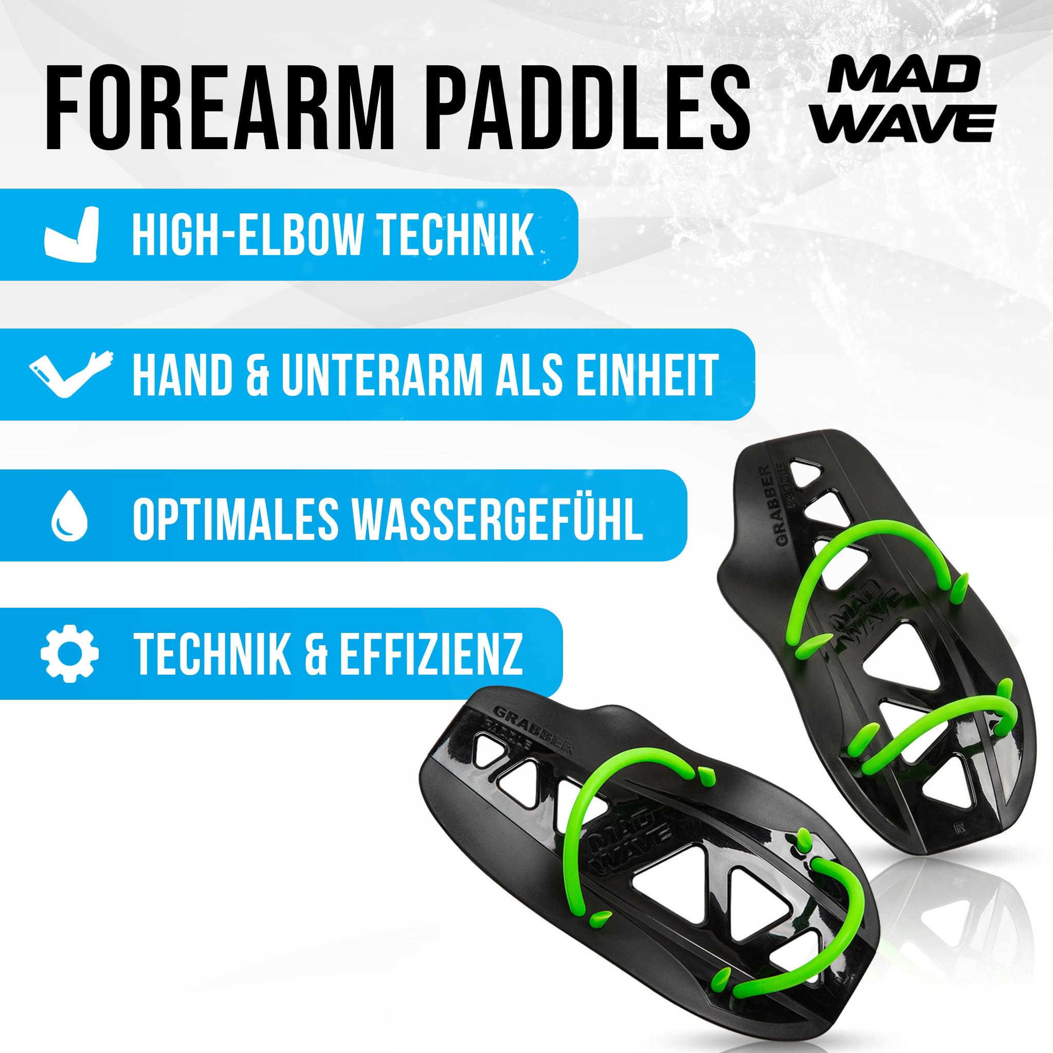 Mad Wave Grabber Forearm Paddles Schwarz – Unterarm Schwimmpaddls für Schwimmtechniktraining – Verbessert Armzug, High-Elbow & Wassergefühl – Schwimm-Paddles mit Silikon-Straps – 26.5 x 13.8 cm