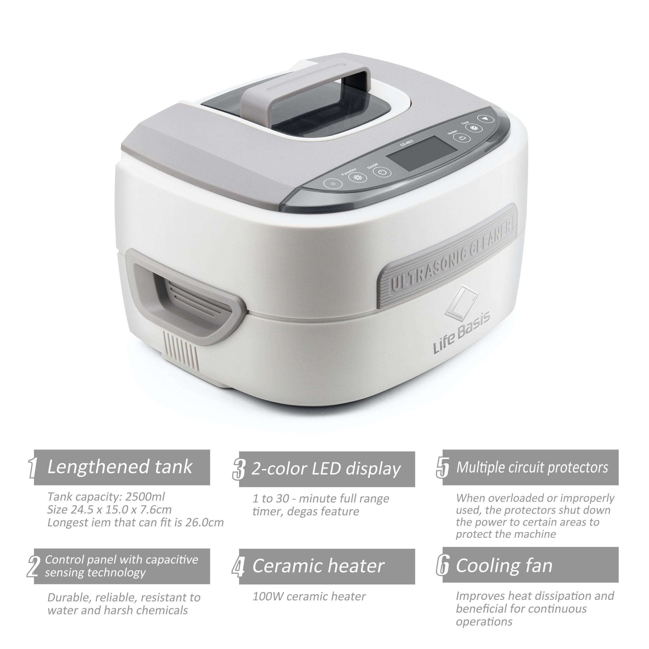 LifeBasis 2.5L Ultraschallreinigungsgerät mit Heitzung 1-30Min Timer 35kHz | Ultraschallreiniger 170W Degas Funktion Ultraschallbad für Autoteile Chirurgische Instrument Industriezubehör Werkzeugteile