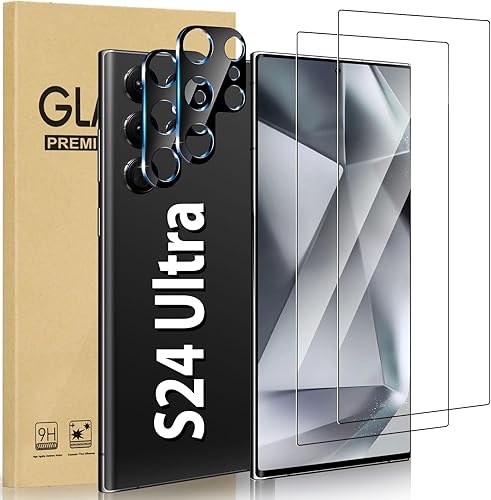 Audins Paquete de 2+2 protectores de pantalla para Galaxy S24 Ultra, vidrio templado 9H con protector para lente de cámara, compatible con huellas