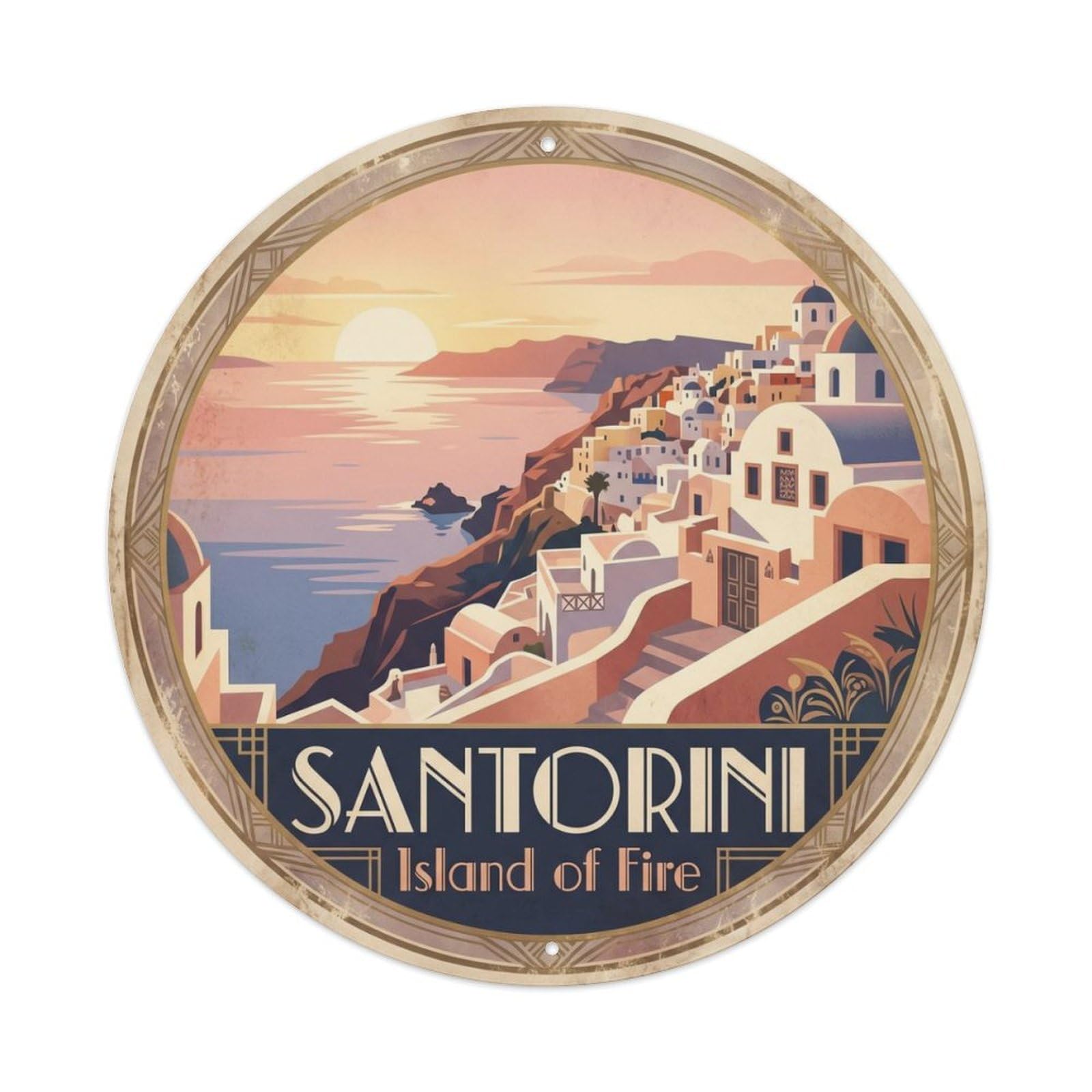 Vintage Travel Oia Sunset Santorini Metal Tin Sign Plaque Wall Decor for Cafe, Club, Garden Round Metal Poster 8x8Inch