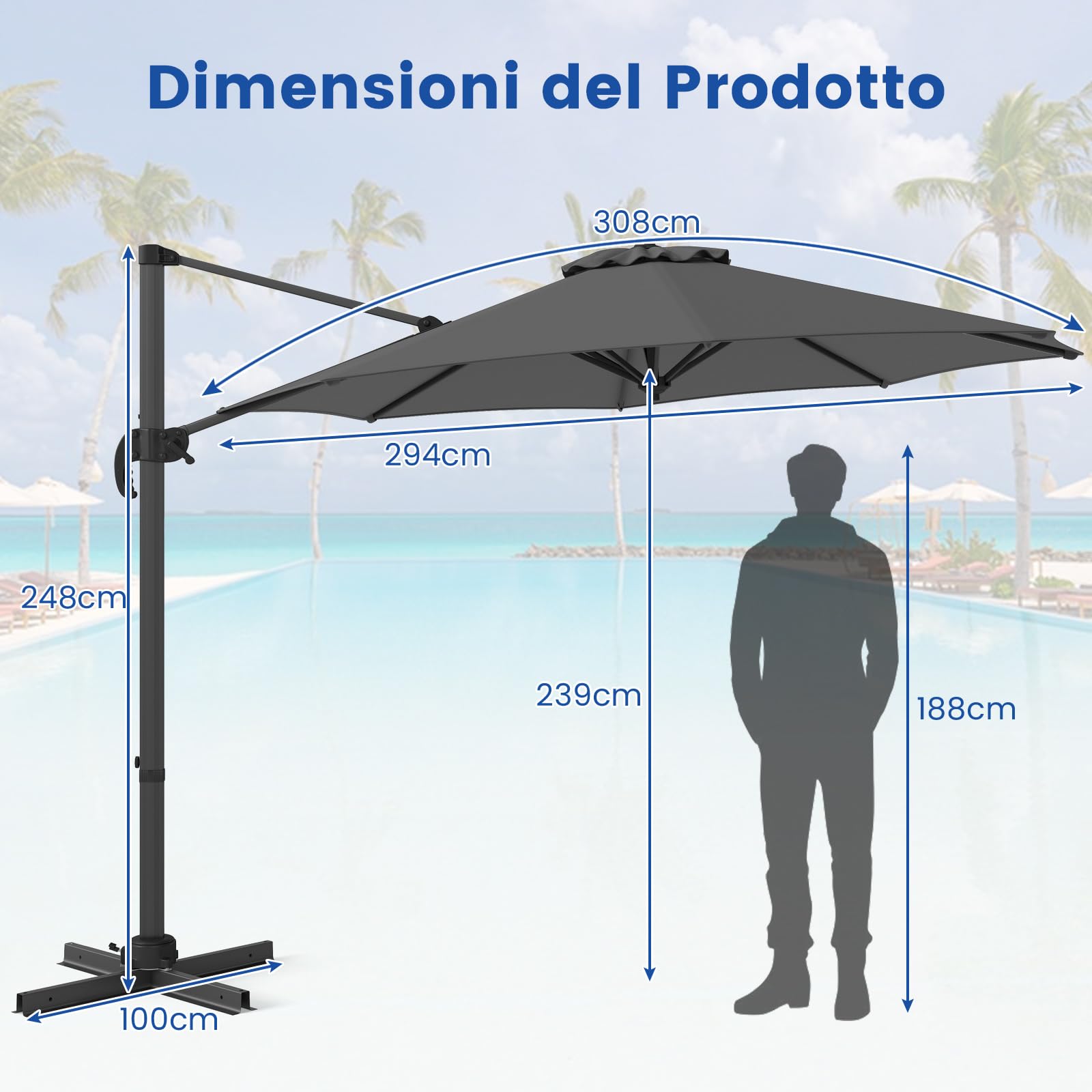 COSTWAY Ombrellone a Cantilever da Giardino 294 cm, Rotazione 360° e 5 Angoli Regolabili, 8 Stecche Base a Croce, Impermeabile, per Cortile Piscina Esterno(Grigio)