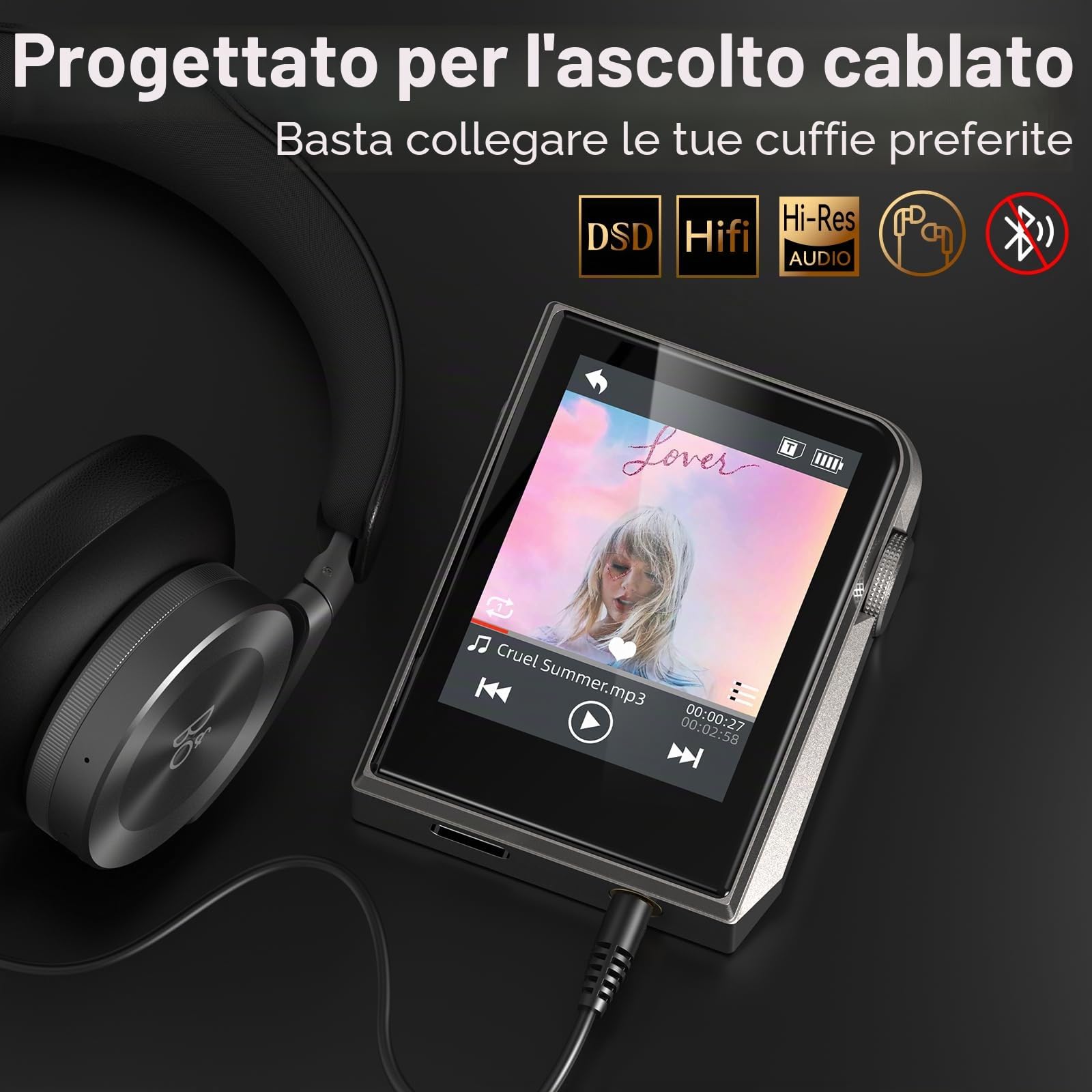64GB HiFi Lettore MP3，DAC DSD Custodia in Lega di Alluminio CNC, Schermo Touch 2", Lettore Audio Digitale Portatile, Riproduzione con Ripresa, Espandibile fino a 128GB