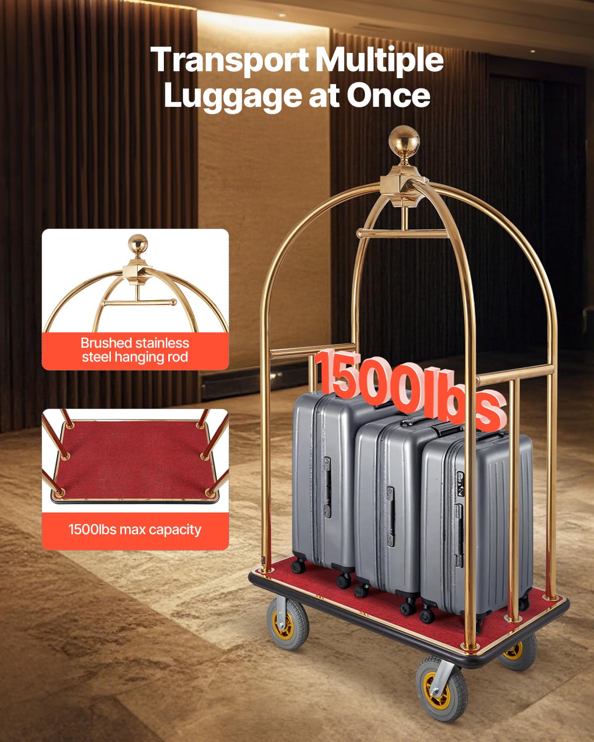 VEVOR Carrello Portavaligie per Hotel, Carico 680 kg Carrello Trasporto Portavaligie in Acciaio Inox Spazzolato con Montanti Curvi, Ponte in Moquette Rossa, Ruote in Gomma 203,2 mm per Hotel Condomini