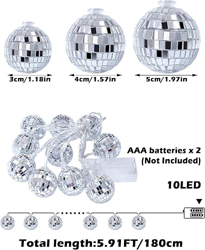Miniatura 10 de BBTO 10 luces LED de 9.84 pies de largo, bola de discoteca, funciona con pilas, esferas de espejo, mini bola de espejo con cuerda para suministros