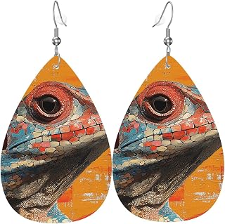 Women Teardrop Earrings Leather Lightweight Leaf Dangle, Lizard Retro Painting Art