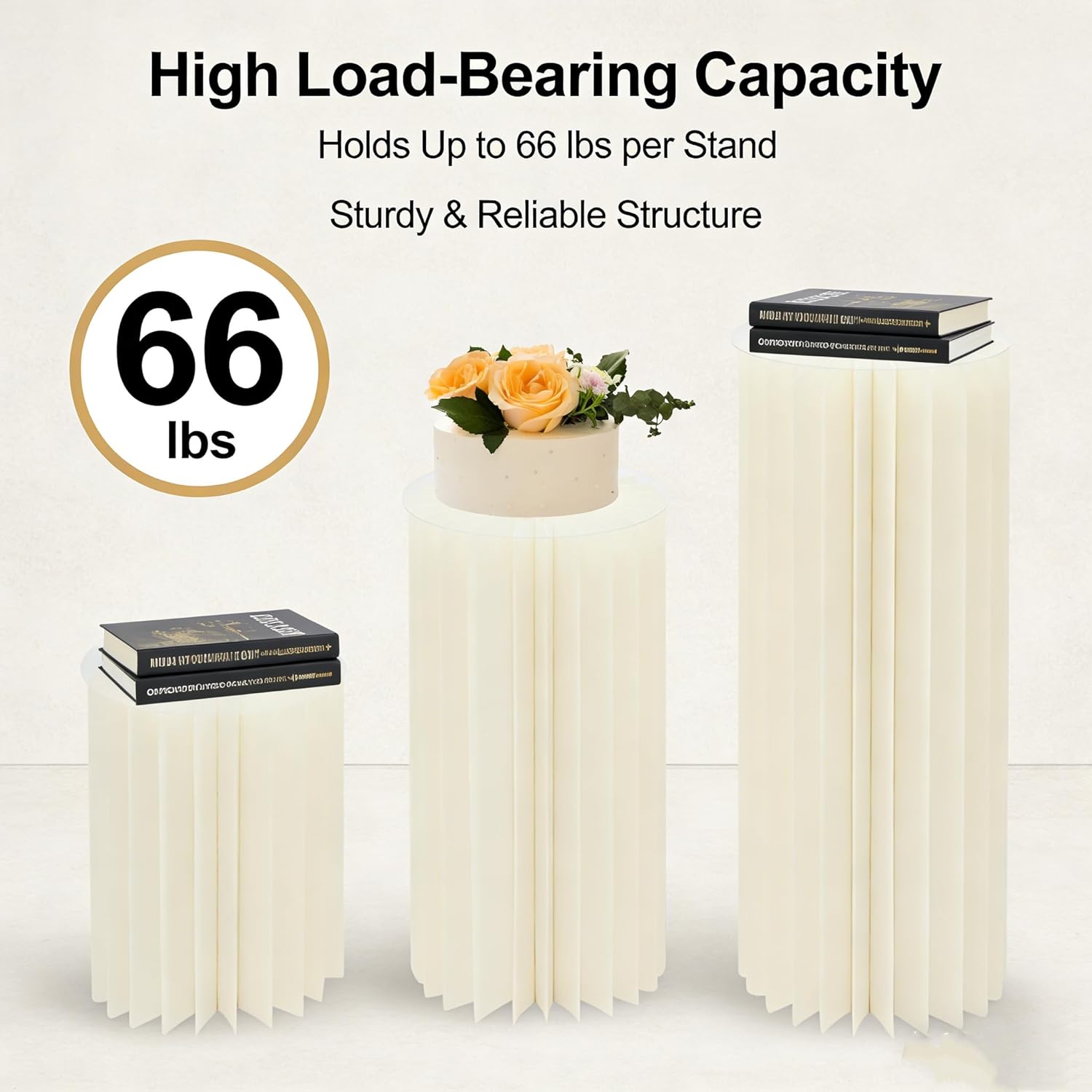 3Pcs Cylinder Stands for Party – Foldable Cardboard Cylinder Pedestal Stand Set, Tall White Round Centerpiece Display with PVC Top, White Cylinder Stand For Party, Cake Cylinders, Cardboard Pedestal