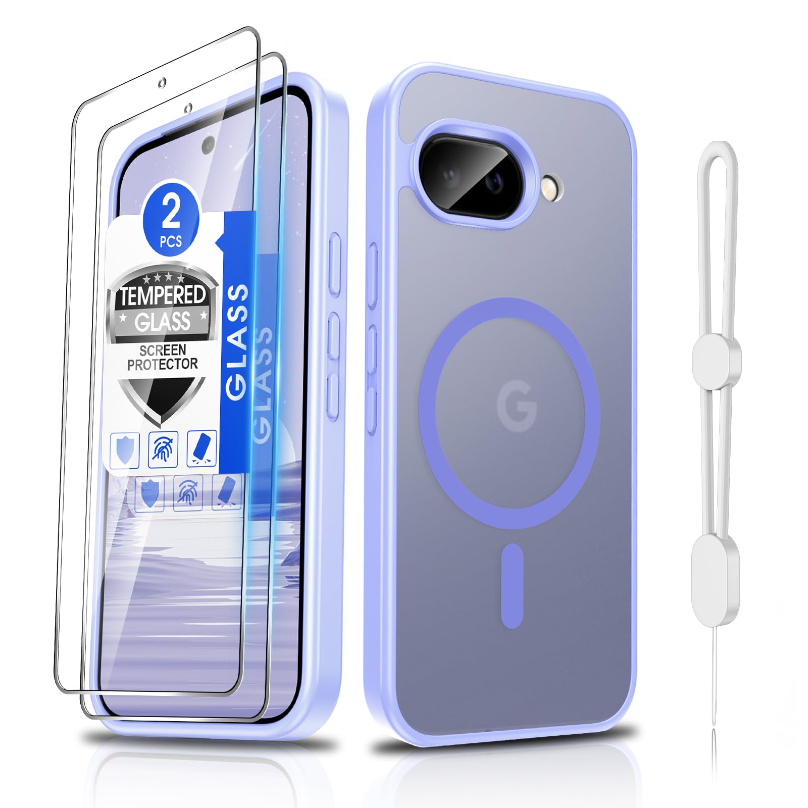 Dizn Magnetic for Google Pixel 9A Case, with Tempered Glass Screen Protector, Compatible with MagSafe, with Strap, Matte Translucent &amp; Shockproof, Protective Cover Funda Google Pixel 9A, Light Purple