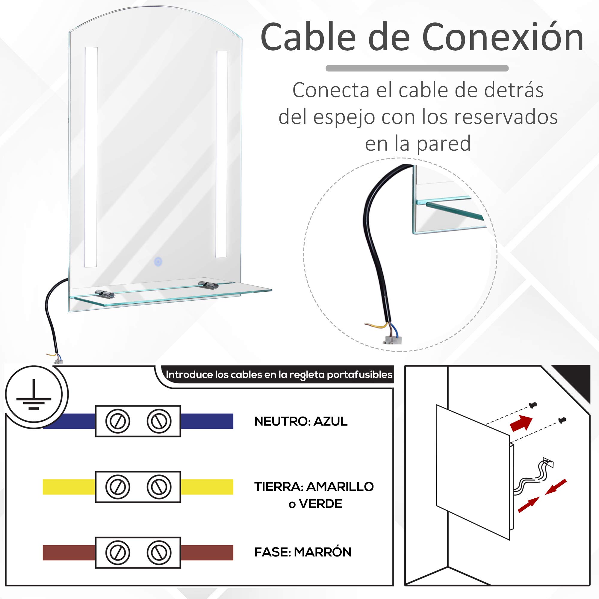 kleankin Espejo de Baño con Luces LED 70x50 cm Interruptor Táctil Plata | Espejo para Baño, Iluminación Regulable, Función de Memoria, Estante de Vidrio, para Salón Entrada