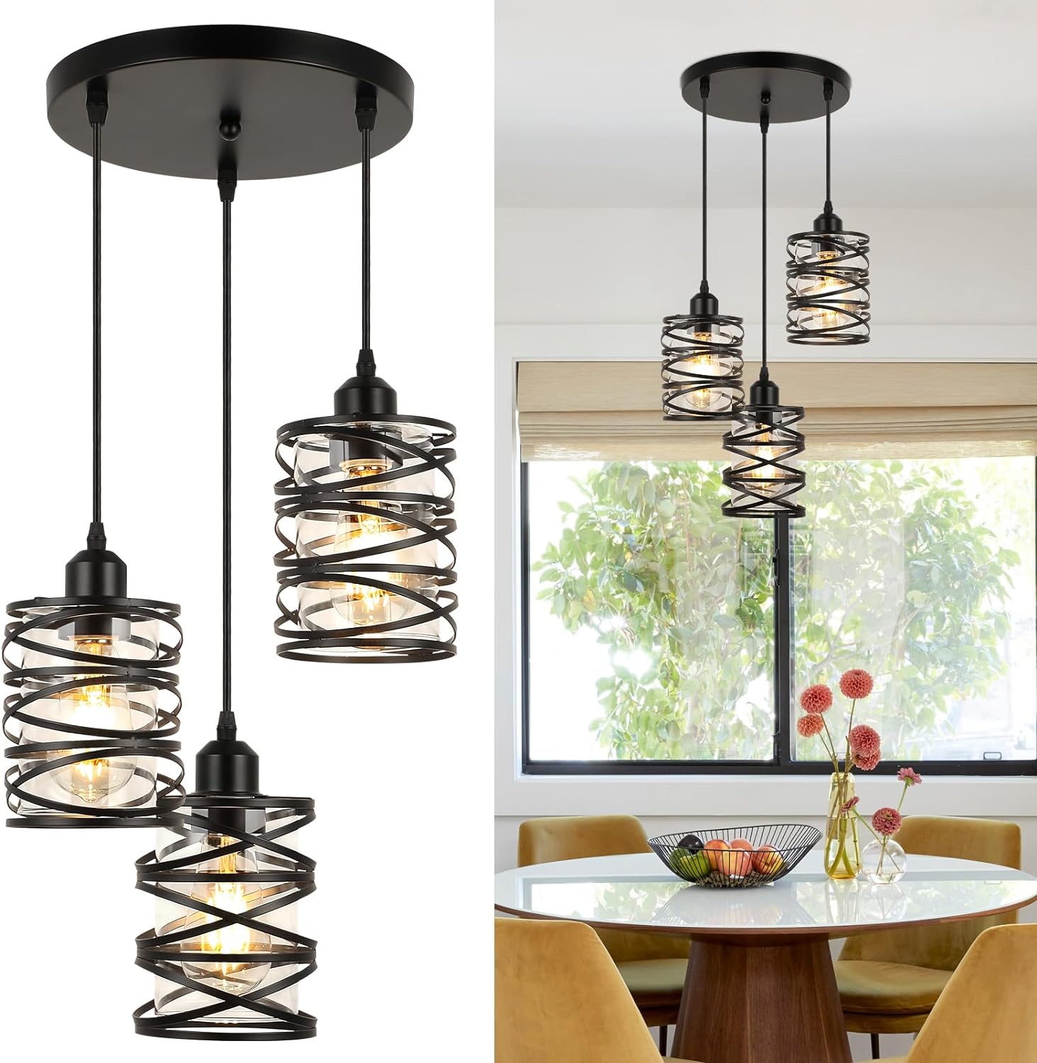Pendant Lights Kitchen Island Black Pendant Light Fixtures 3-Light Spiral Iron Kitchen Island Lighting Adjustable Hanging Cluster Pendant Lighting for Dining Room with Clear Glass Shade