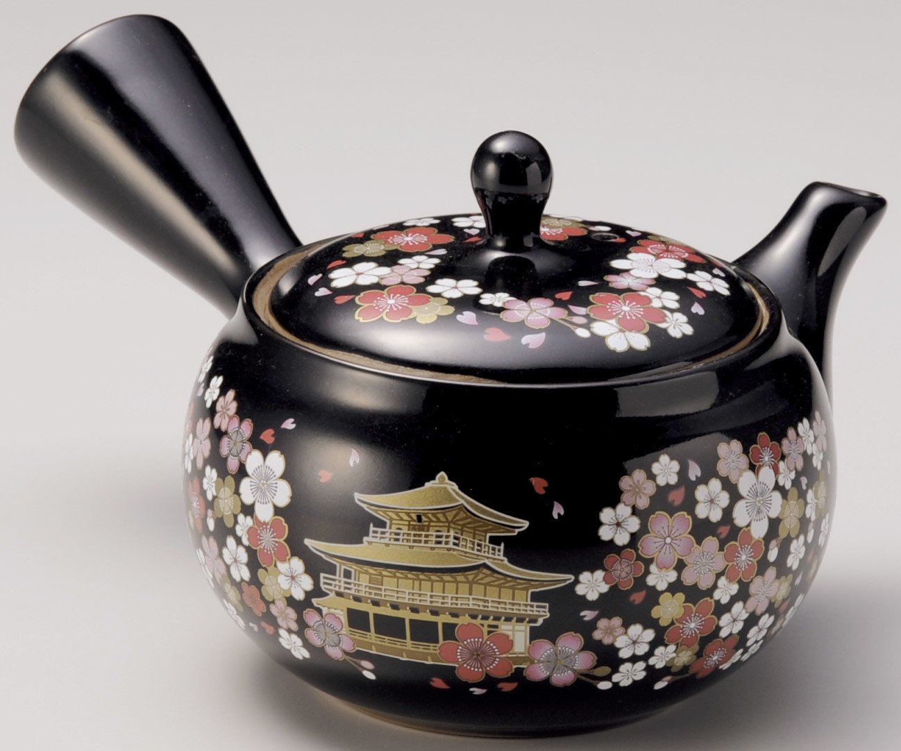 Yamakiikai Japanese Tokoname Ceramic Kyusu Teapot Black Flowers & Kinkaku Temple 金閣寺 with a Stainless Steel Strainer 280cc FY1917
