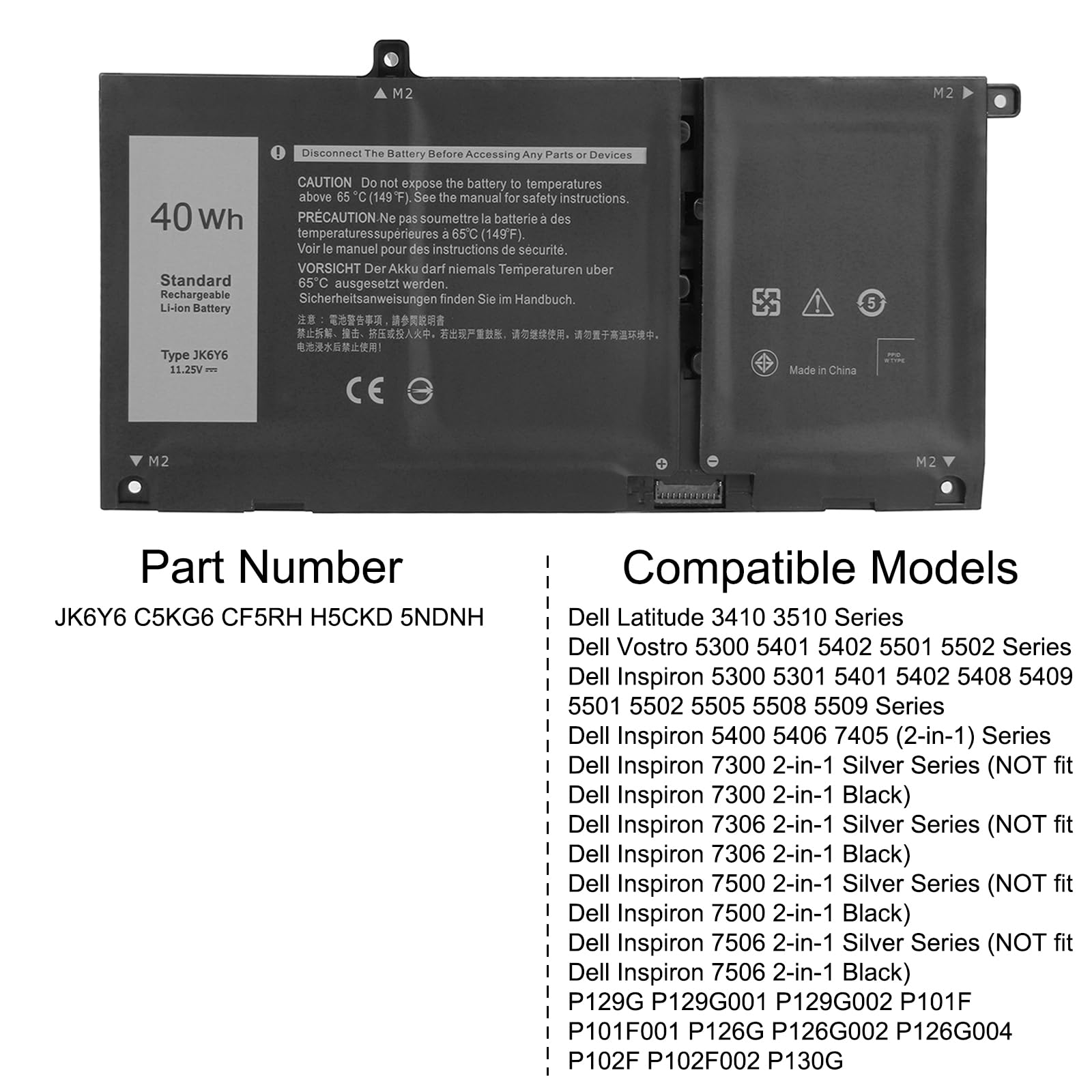 JK6Y6 Batteria per Dell Latitude 3410 3510 Vostro 5300 5401 5402 Inspiron 5300 5401 5402 5408 5501 5502 5505 5508 5406 7405 7300 7306 7500 7506 2-in-1 Silver Series C5KG6 11.25V 40Wh