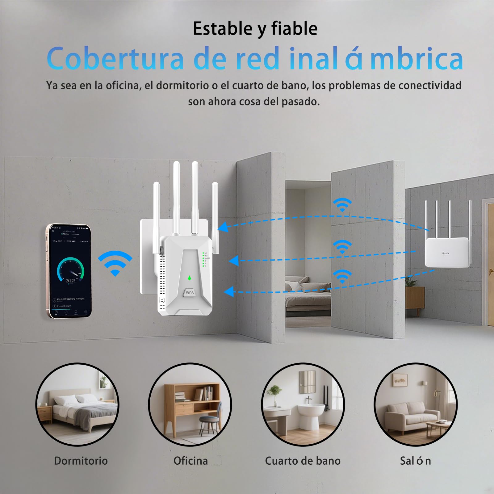 Repetidor WiFi Largo Alcance, Amplificador Señal WiFi 2.4 GHz con 4 Antenas, Extender con Puerto Ethernet 300 Mbps, Compatible con Todos los Routers, Botón Repetidor/Router/Ap (Blanco) - 4