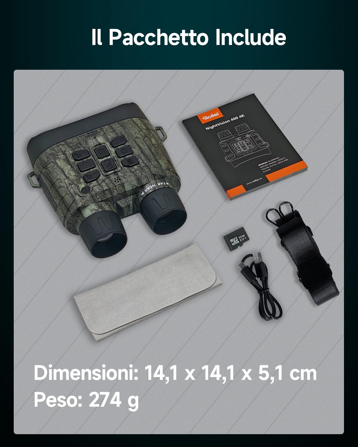 Rollei NightVision 400 4K, binocolo da 40 MP, con visione notturna, militare, zoom digitale, 32 GB, scheda SD, 400 m, fotocamera a infrarossi con torcia da 5000 mAh, visione notturna, binocolo per
