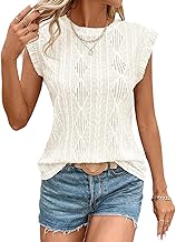SHEWIN Women's Summer Tops Casual Crewneck Cap Sleeve Shirts Lightweight Crochet Knit Texture Tank Top Blouses