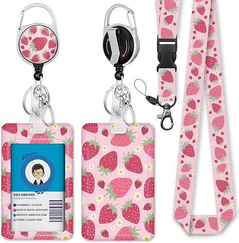 Strawberry Print Lanyard with Retractable Badge Reel and ID Holder | Detachable Buckle, Carabiner Clip, Retractable Reel, ID Card Holder Included, Multifunctional
