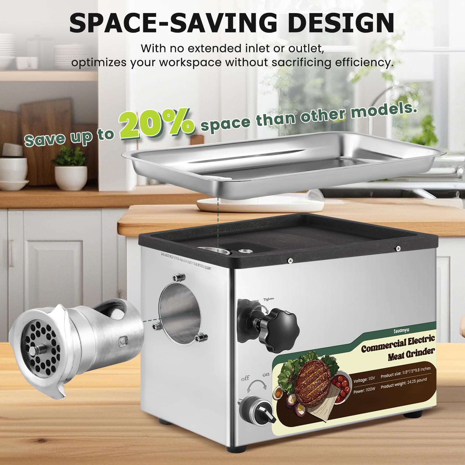 Picadora eléctrica de carne de acero inoxidable de 1100 W, resistente con 2 cuchillas, 4 placas, molinillos comerciales para restaurantes, carnicerías 110 V 1.5 HP 3