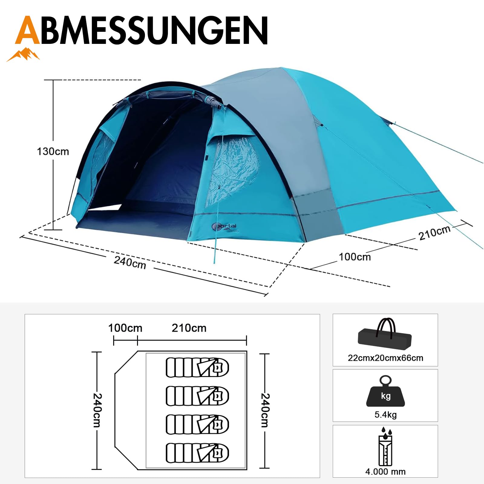 PORTAL Blackout Zelt 3-4 Perosonen mit Vorzelt Camping Kuppelzelt 4000mm wasserdicht Familienzelt Festivalzelt Outdoor für Camping Reise