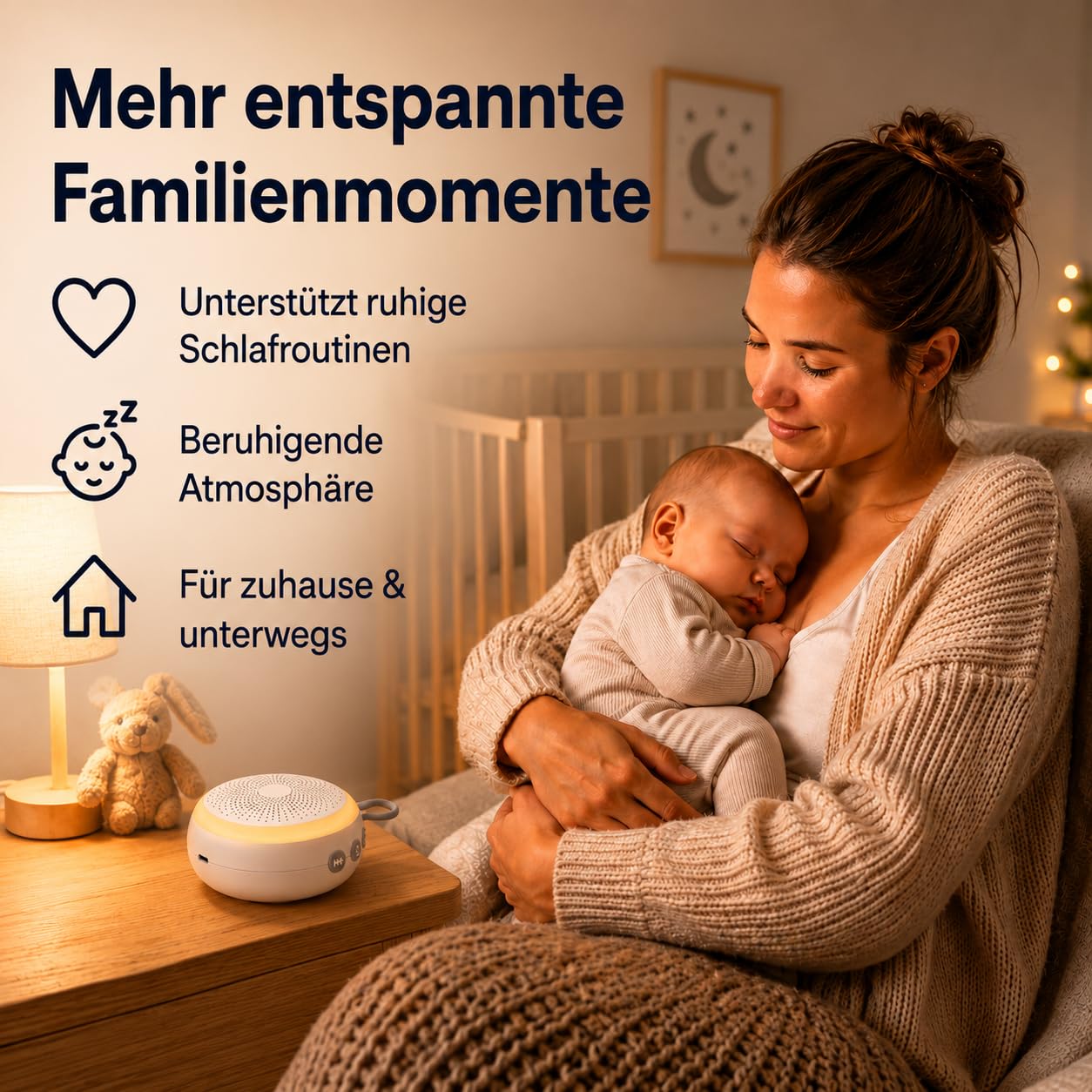 Baby White Noise Soundmaschine mit Nachtlicht - Tragbare Einschlafhilfe für Babys & Kinder, 16 beruhigende Geräusche, weißes Rauschen, Timer- & Memory-Funktion, bis zu 24h Akku, wiederaufladbar