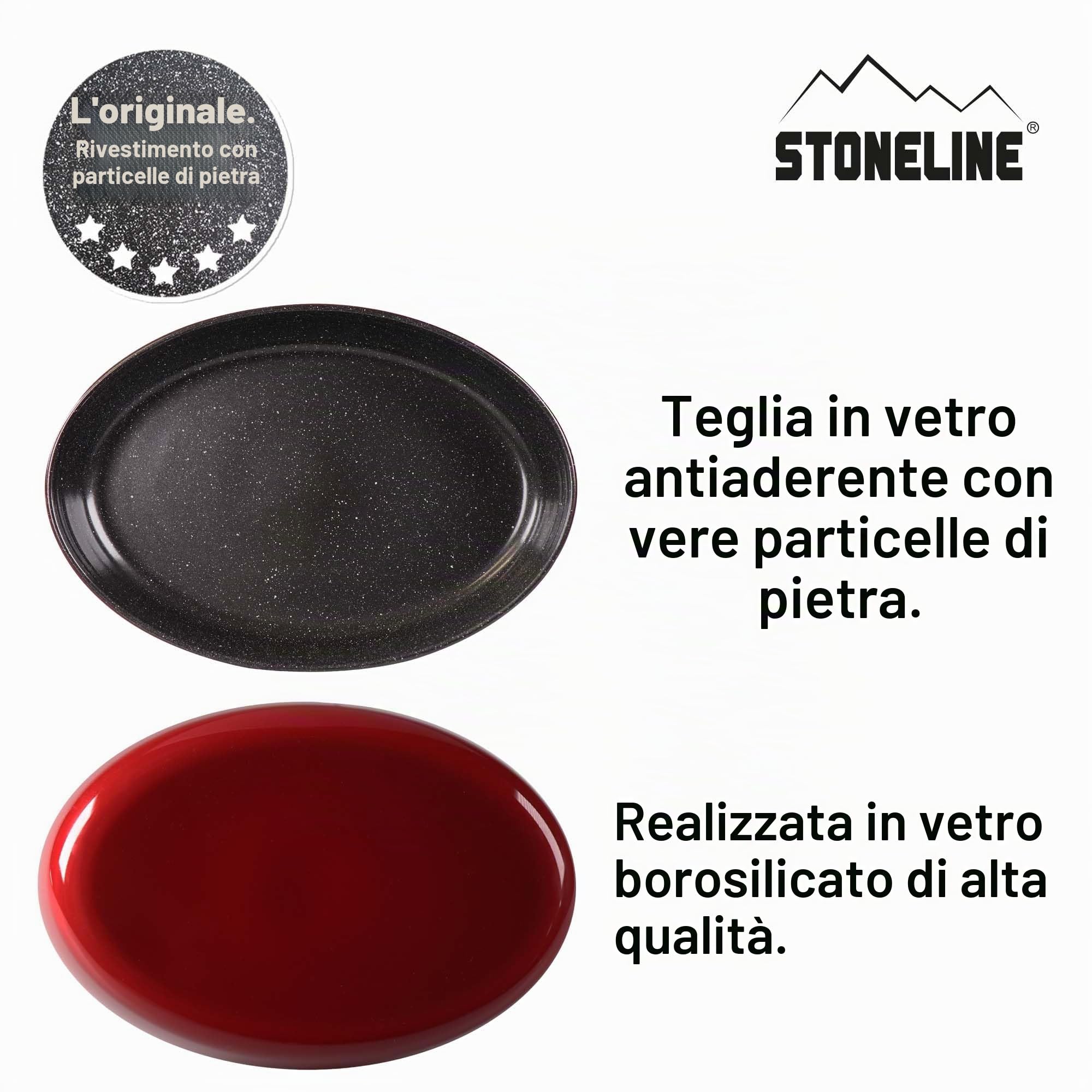 STONELINE Set da cucina 5 pezzi pirofila in vetro borosilicato antiaderente con vere particelle di pietra rettangolari e ovali, guanti da forno presine in cotone lavabile antiscivolo grigio