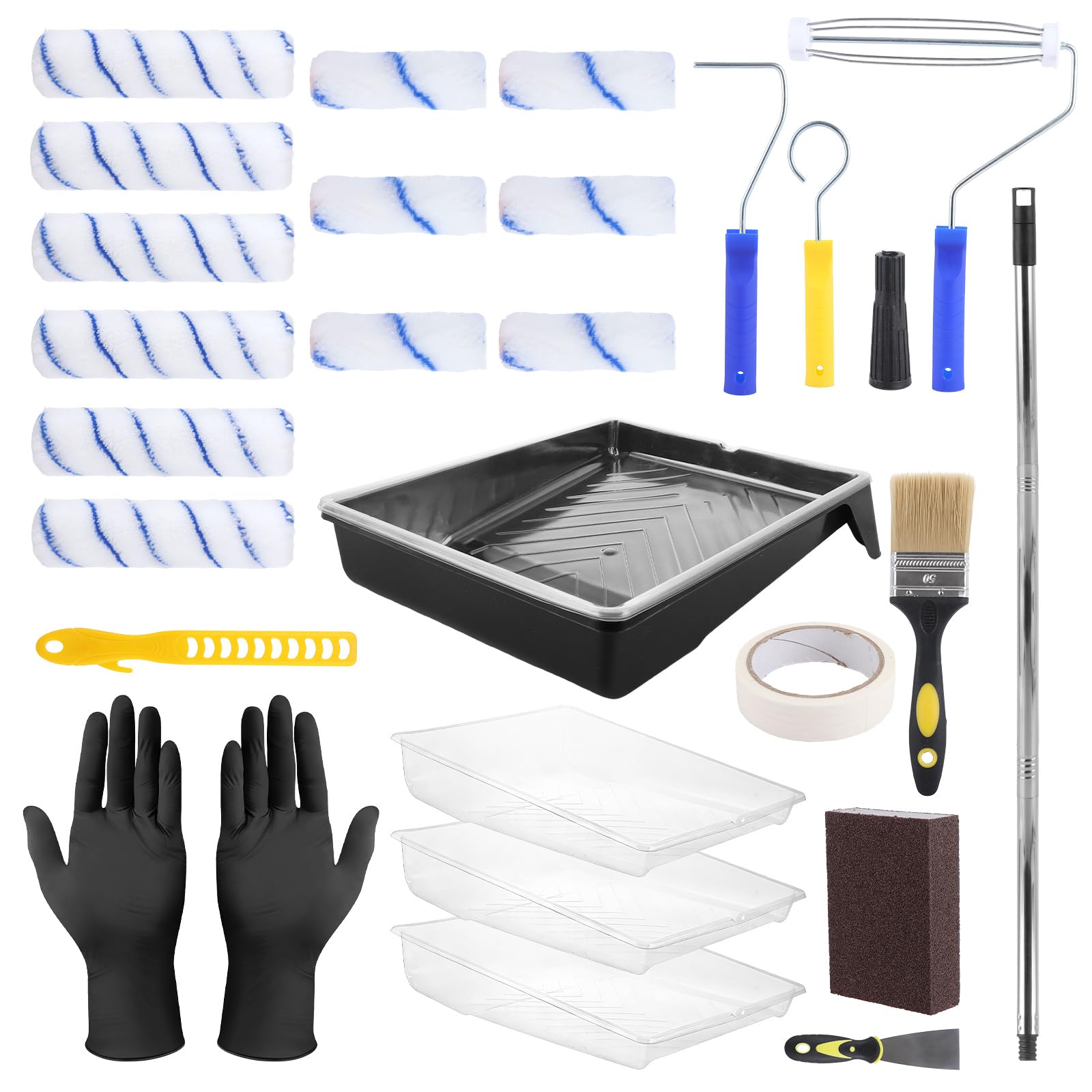 DAJAVE 22 Pcs Paint Roller Set, 4inch 9inch Paint Rollers and Trays Sets Extendable Painting Roller Painting Brush and Rollers Set for Walls, Ceilings, Edges, Doors