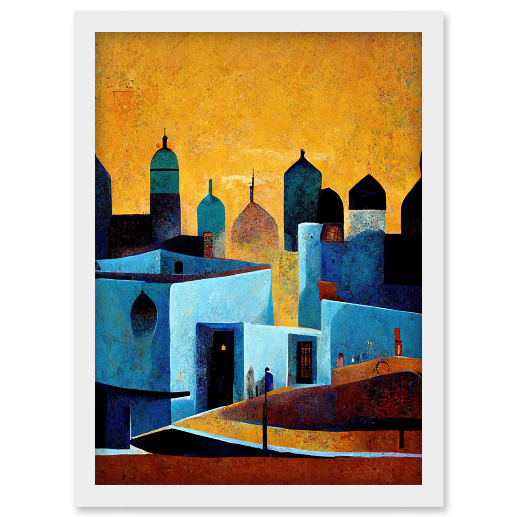 Doppelganger33 LTD Moroccan African Cityscape Modern Blue Yellow Artwork Framed Wall Art Print A4