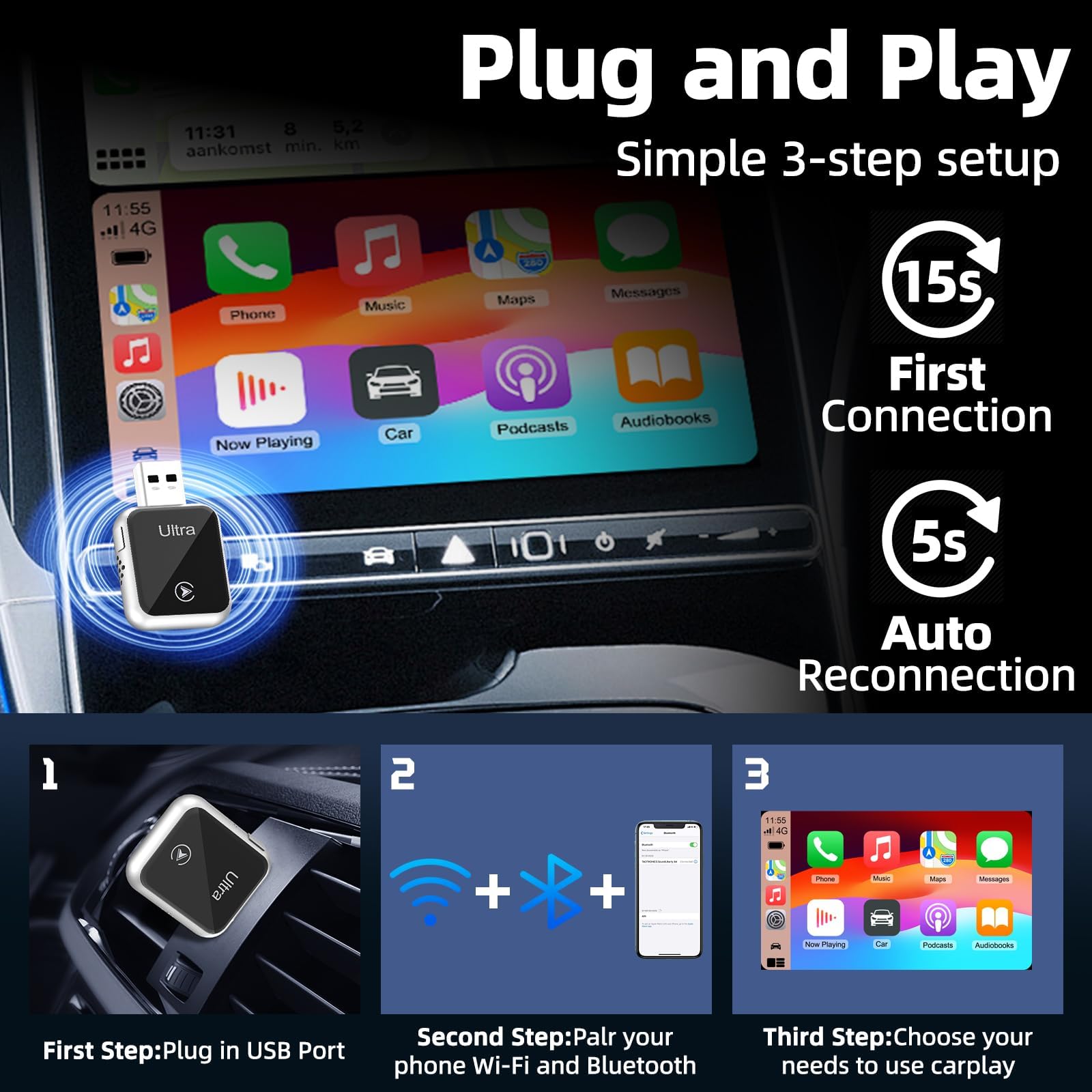 AUXIRACER Adaptateur sans Fil CarPlay, Dongle 2-en-1 Prêt À Brancher (Plug & Play) avec pour IPhone Et Android, Bluetooth 5.3 Et Double WiFi 6, Compatible avec Plus De 900 Modèles De Voitures.