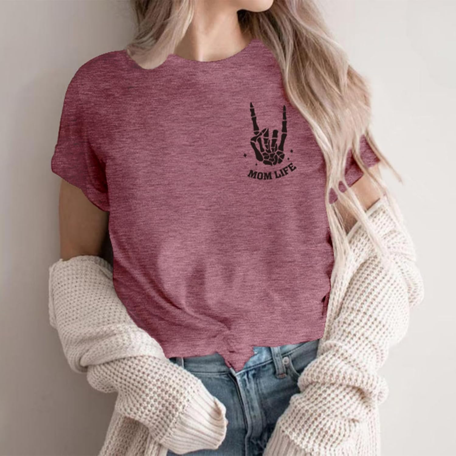 Mama Shirts for Women Mom Shirt Mom Life Crewneck T-Shirts Funny Mama Skeleton Rocker Graphic Tee Summer Pullove Tops - Image 3