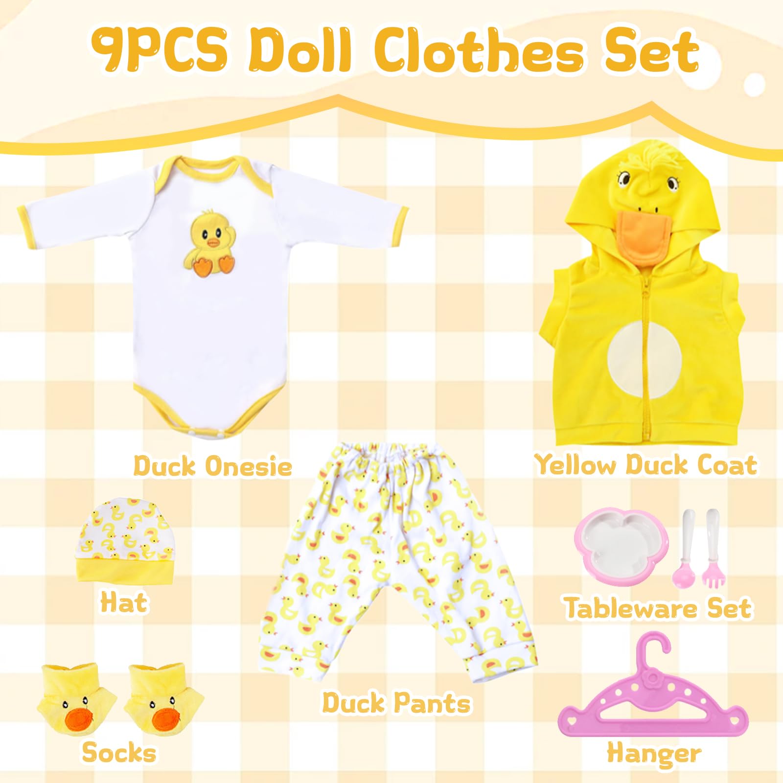 Puppenkleidung 9-teilig Für Babypuppen 43–55 Cm – Enten-Overall Mit Kapuze, Hose, Socken, Kleiderbügel (gelb/weiß)