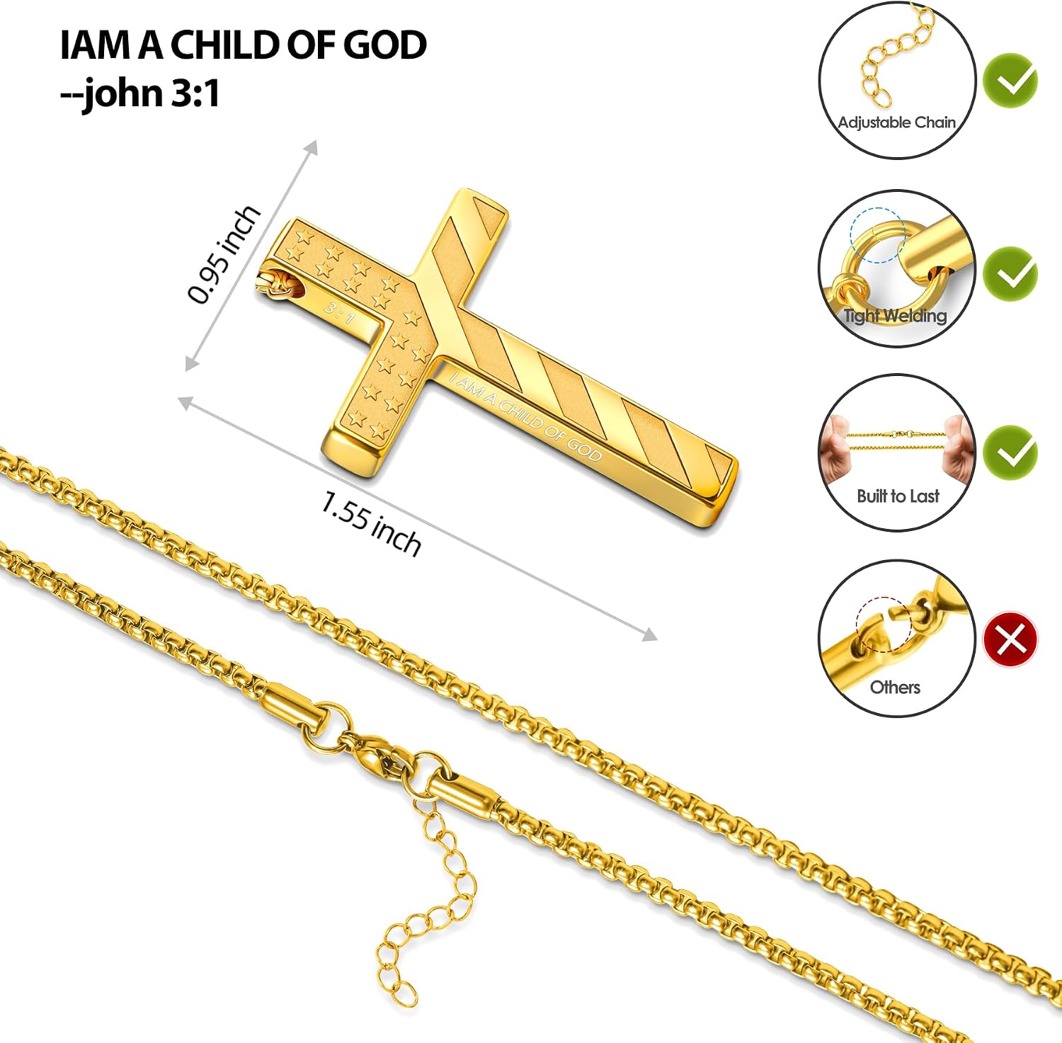 Romass Cross Necklace for Men Boys - 316L Stainless Steel Bible Verse Religious Pendant, Christian Jewelry Gifts for Son Husband, Graduation Gifts, Adjustable 22+2 inch Chain