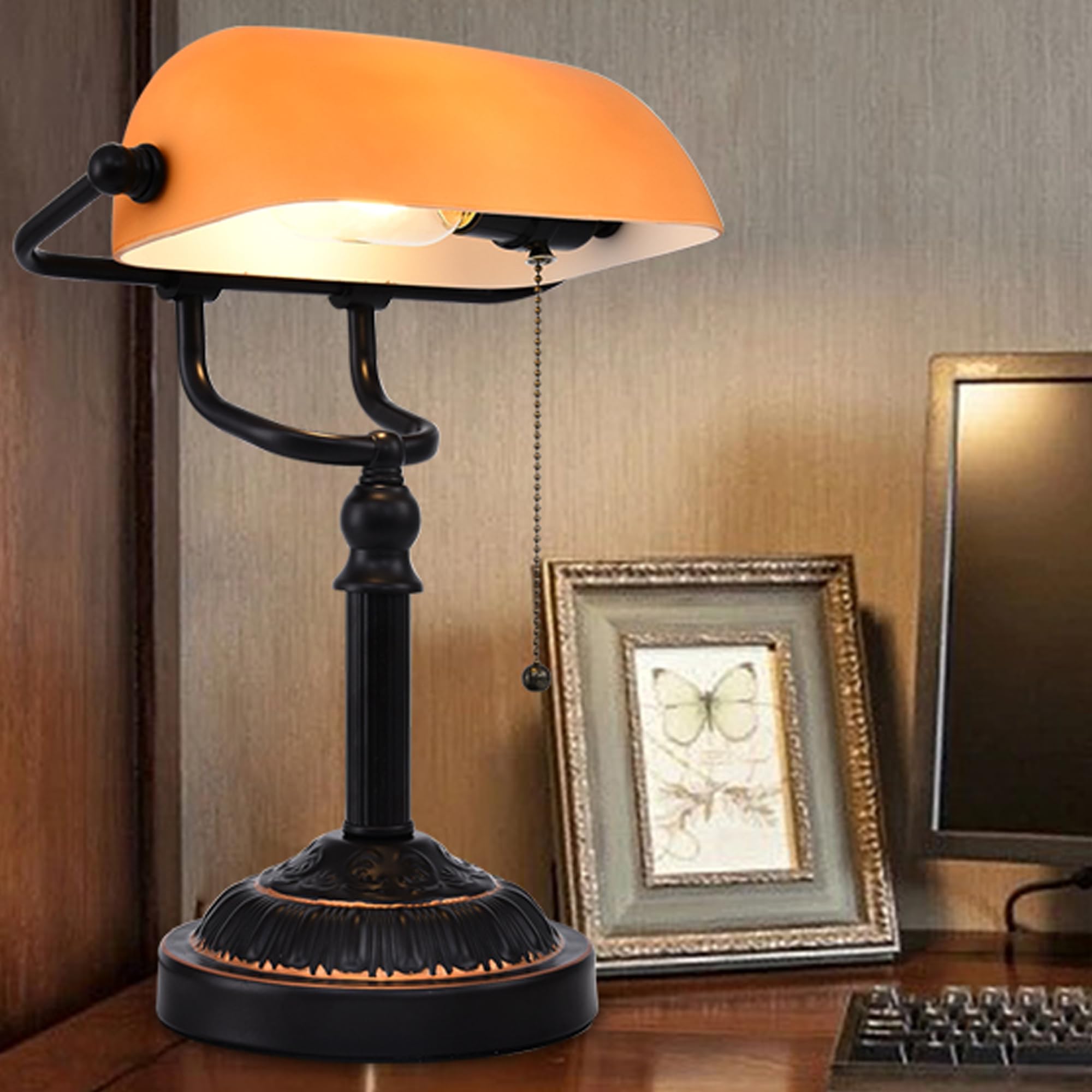 Traditionelle Bankers Lampe mit Zugkettenschalter USB-Anschluss, bernsteinfarbener Glasschirm, Vintage Bibliothekslampe für Büro