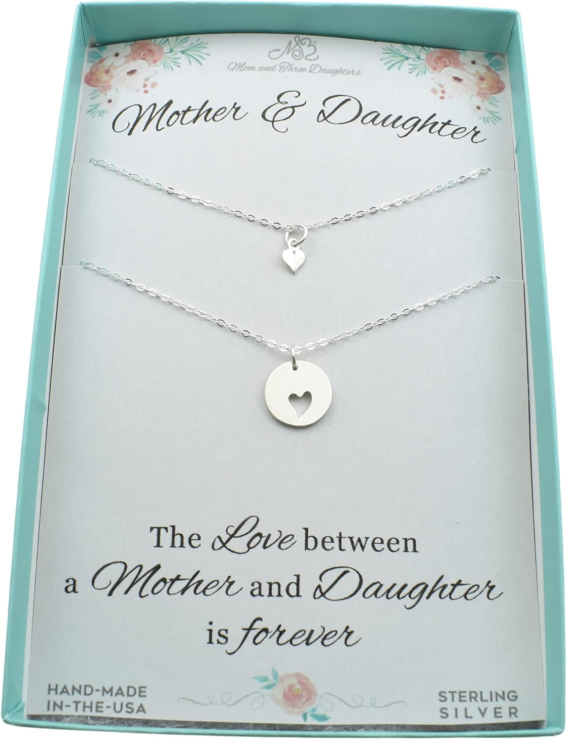 MOM & THREE DAUGHTERS Mother Daughter Necklace Set | Cut Out Heart Necklace | .925 Sterling Silver | Handmade Necklaces | 18 Inch and 16 Inch Chain | Mother Daughter Jewelry