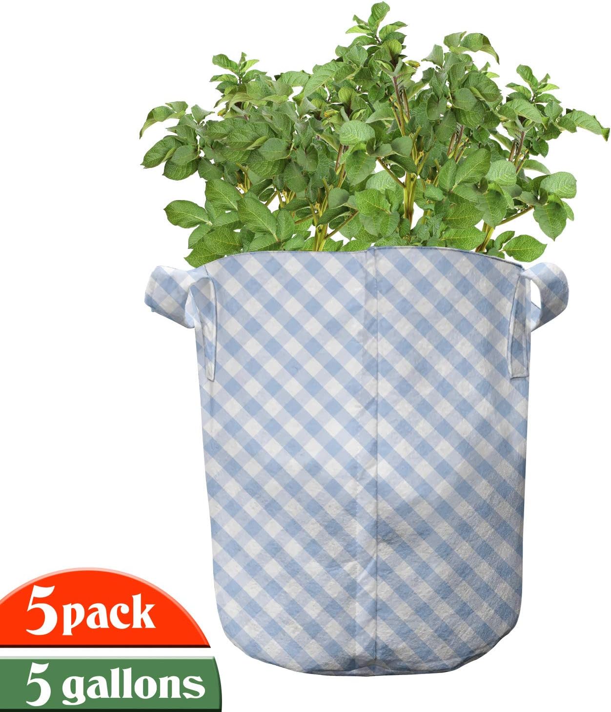 Lunarable Gingham Check Grow Bags 5-Pack, Nostalgic Picnic Art, Heavyduty Fabric Pots with Handles for Plants, 5 Gallon, Pale Azure Blue and White