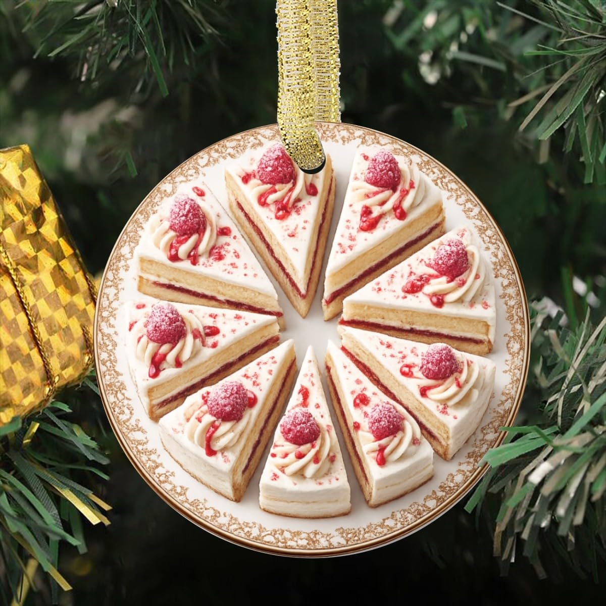 Classic White Yellow Layer Cake Vanilla Frosting Jam Filling Dessert Cake Personalized Food Flat Printed Image on Ceramic Ornament – NOT 3D, Custom Text Back, Christmas Ornament