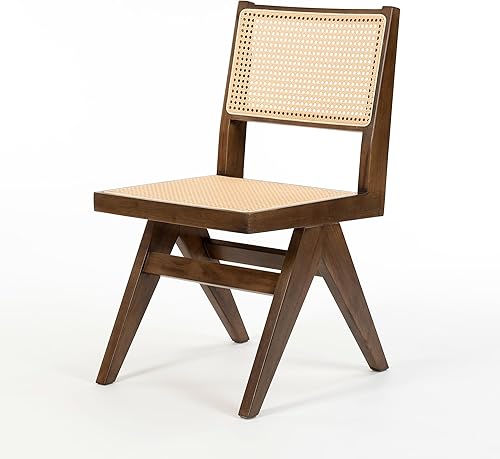 HoeuThien Silla de comedor de ratán marrón Silla auxiliar de cocina Silla auxiliar de madera de mediados de siglo moderna Cofy Retro tejida caña sin