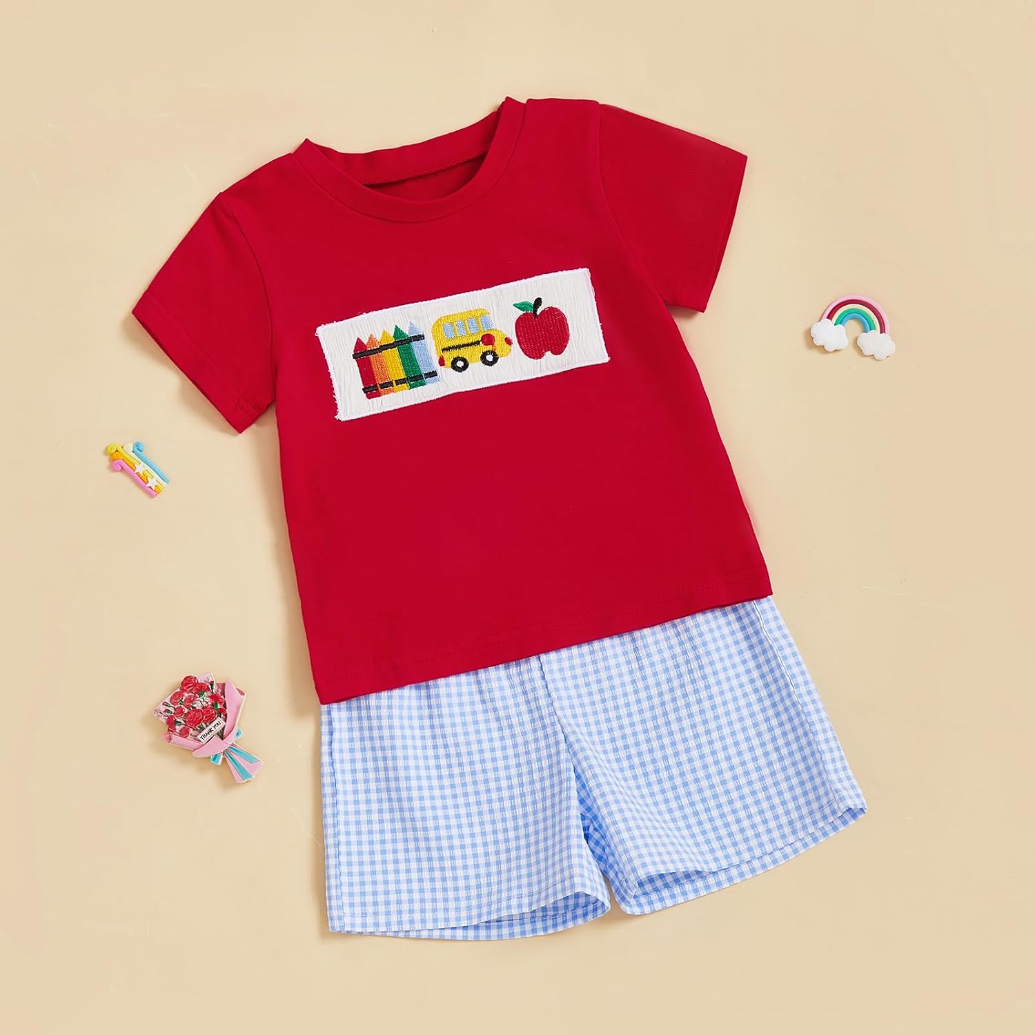 Bonangber Back to School Boys Summer Outfits Pencil Apple T Shirt Top Shorts Set First Day of Preschool Kindergarten Clothes