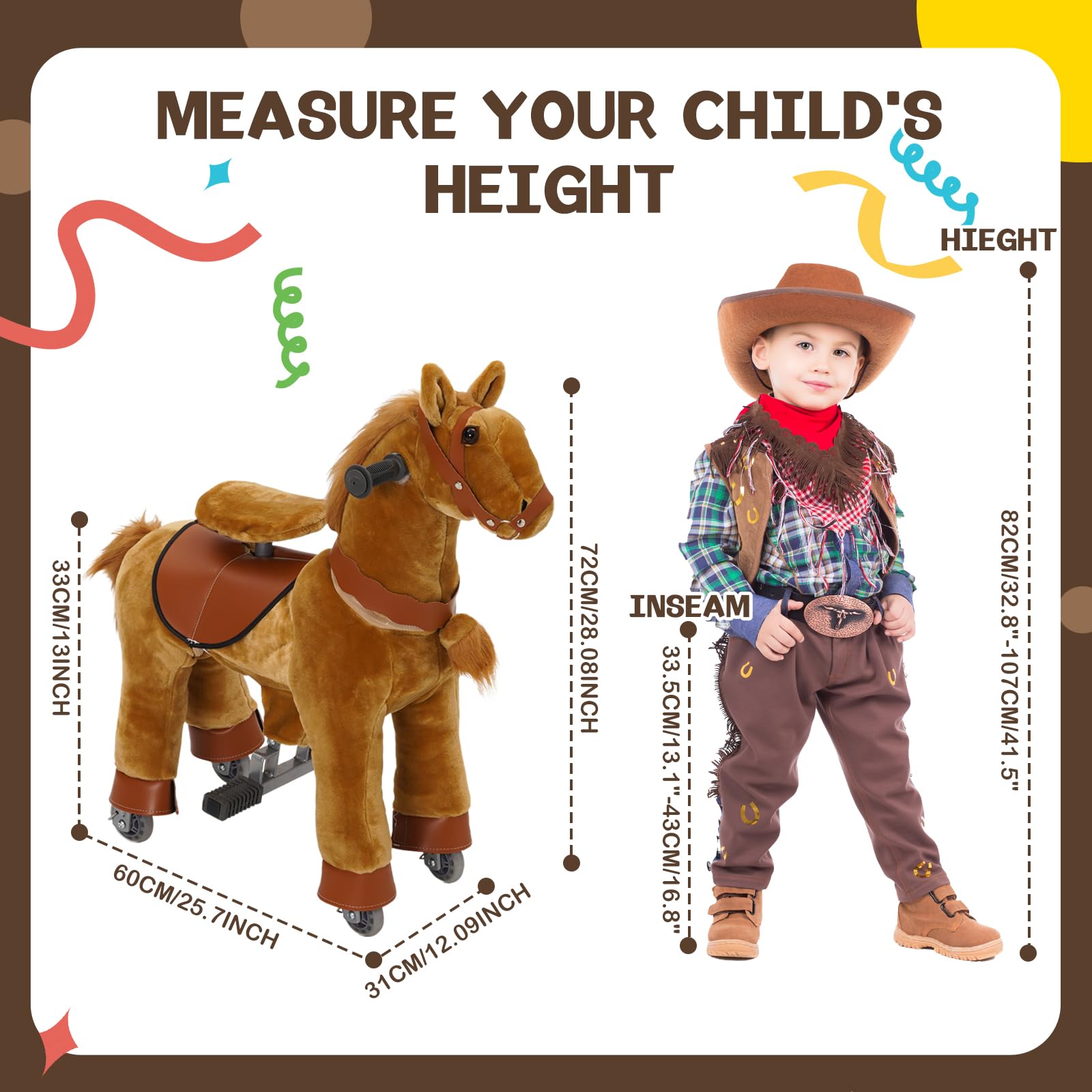CavalloCavalcabile per Bambini, Cavallo Equitazione Giocattolo per Bambini, Cavallo con Ruote, CavalloPeluche per Bambino 3 4 5 6 Anni