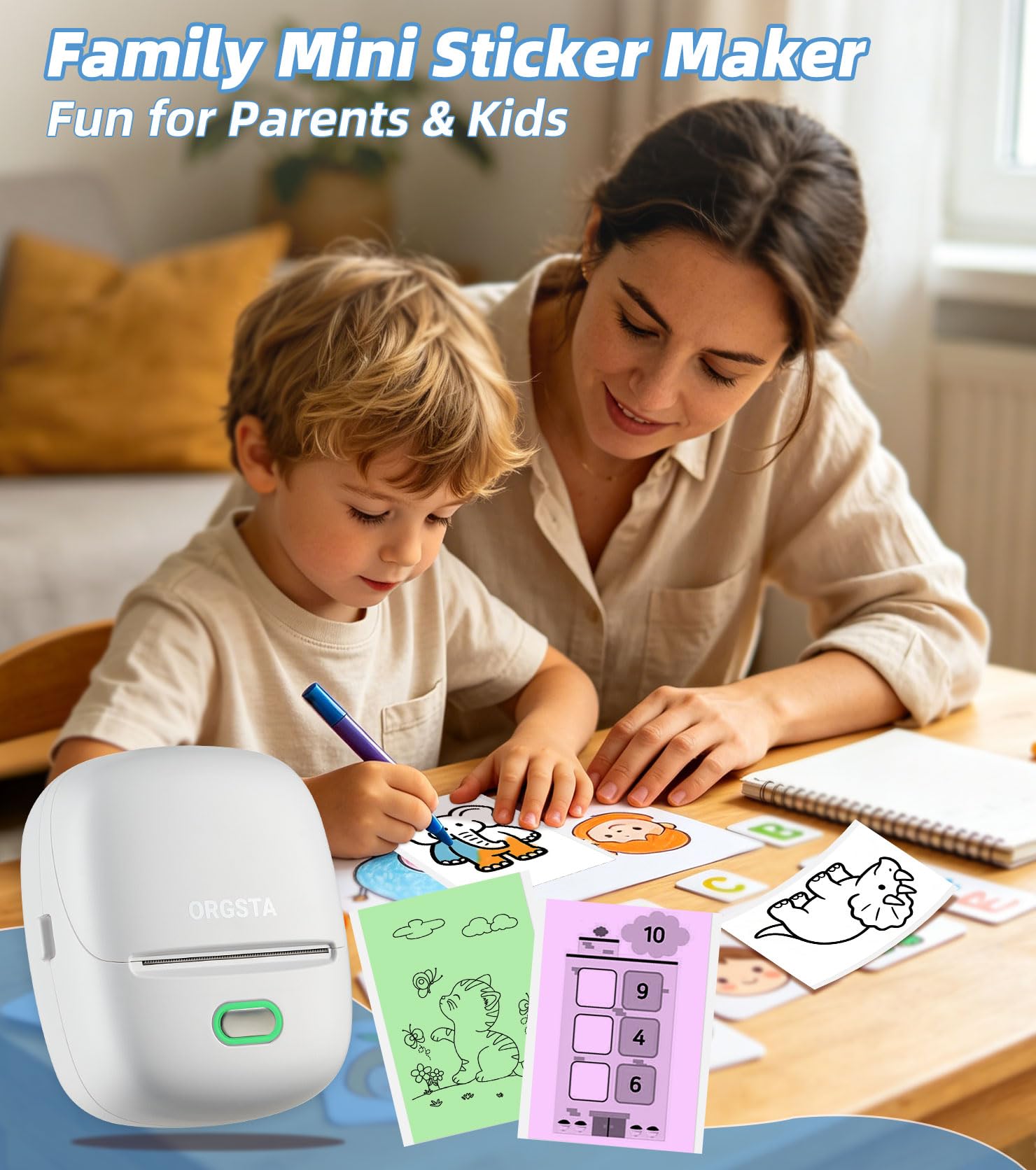 ORGSTA S002 Étiqueteuse Bluetooth Portable Imprimante d'Étiquettes Autocollantes 300 Dpi Mini Étiquette pour Maison, Bureau, École, Cuisine personnalisées, Compatible iOS et Android